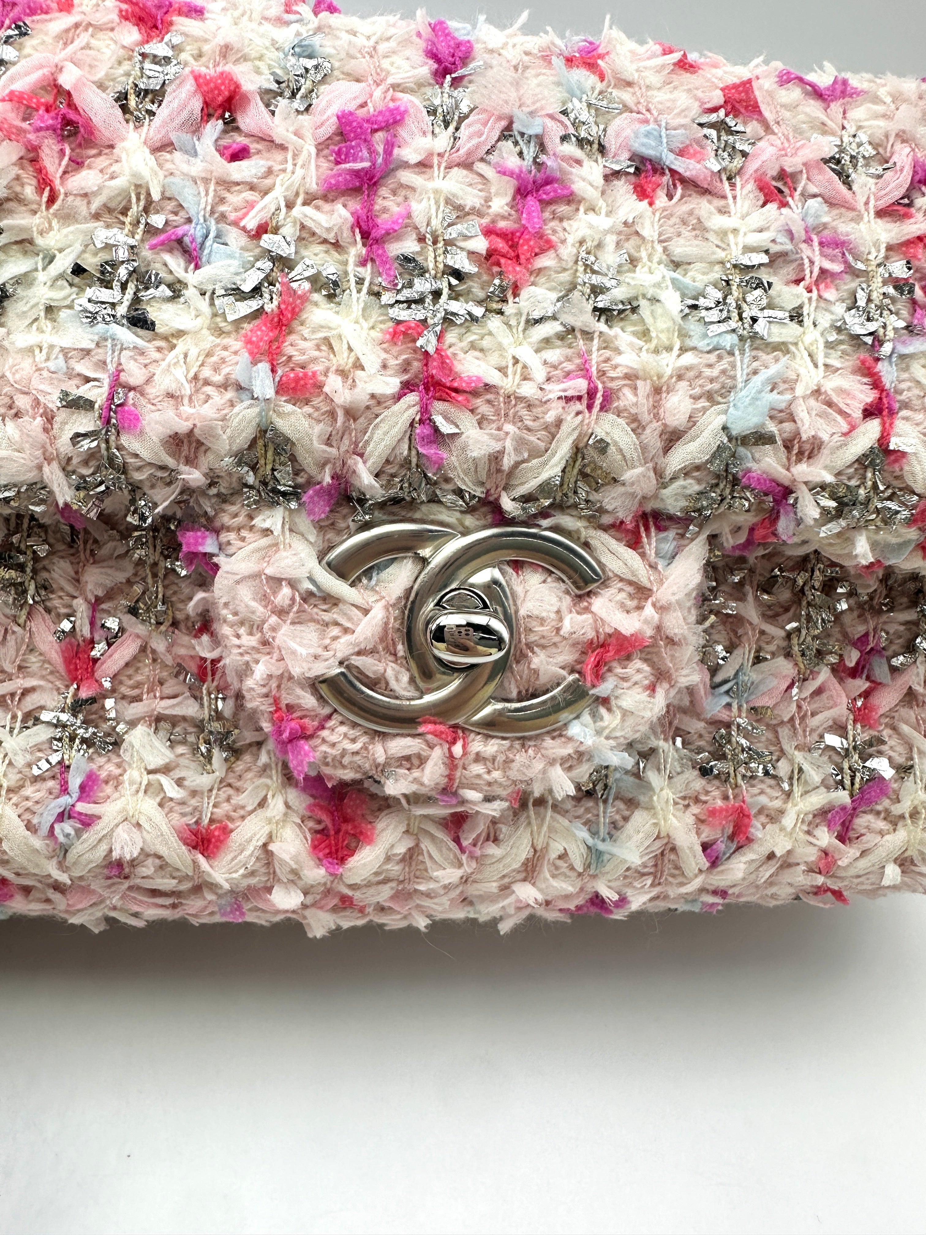 Chanel 18S Classic Flap Pink/Silver Ribbon Knit Tweed Shoulder Bag(25***55) IRIS050