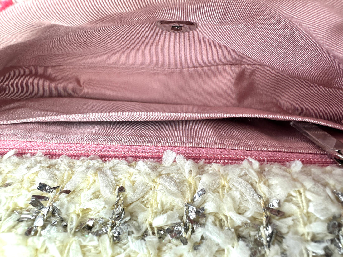 Chanel 18S Classic Flap Pink/Silver Ribbon Knit Tweed Shoulder Bag(25***55) IRIS050