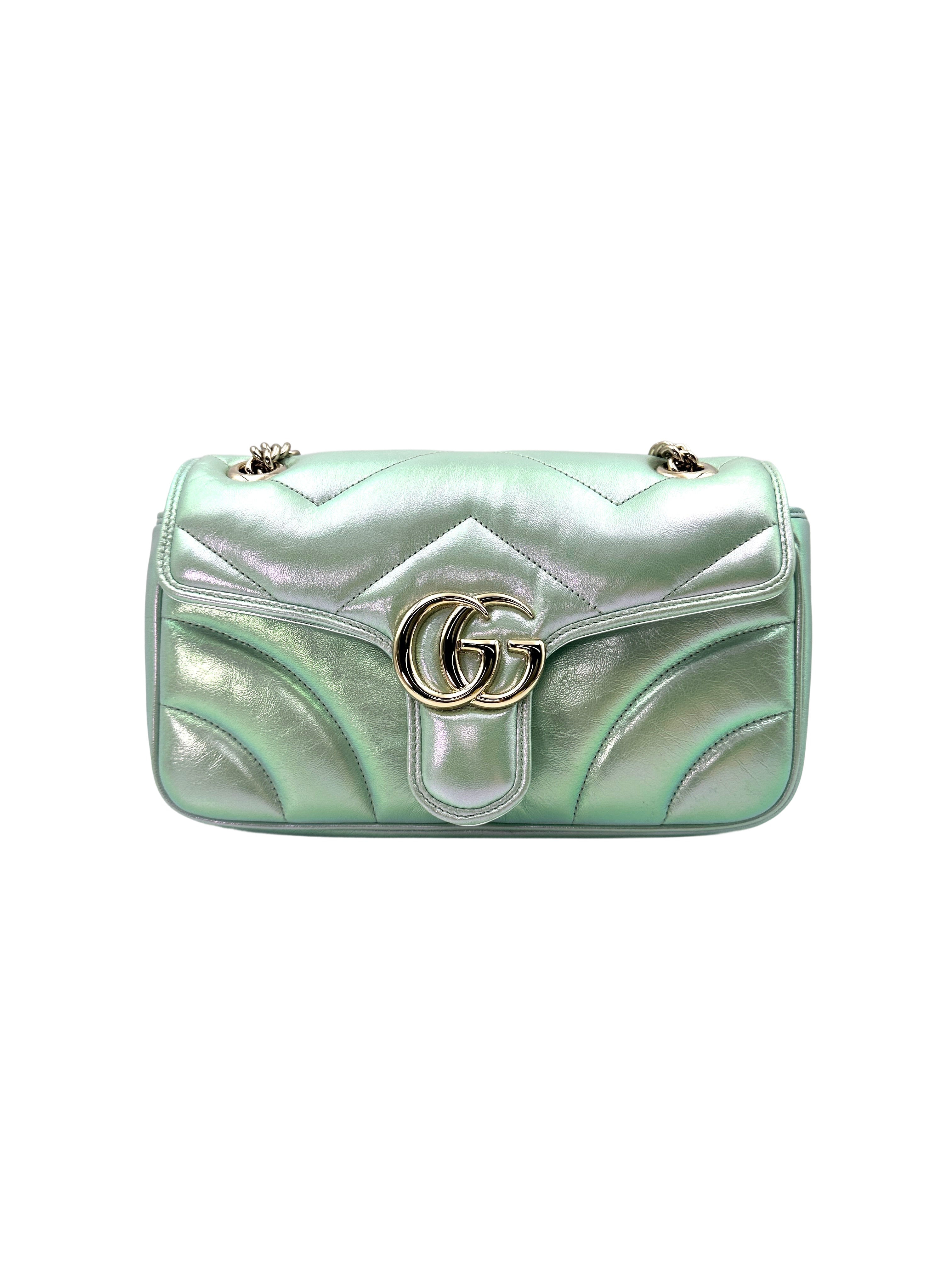 Gucci GG Marmont Iridescent Green Chevron Matelasse Leather Shoulder Bag GG649