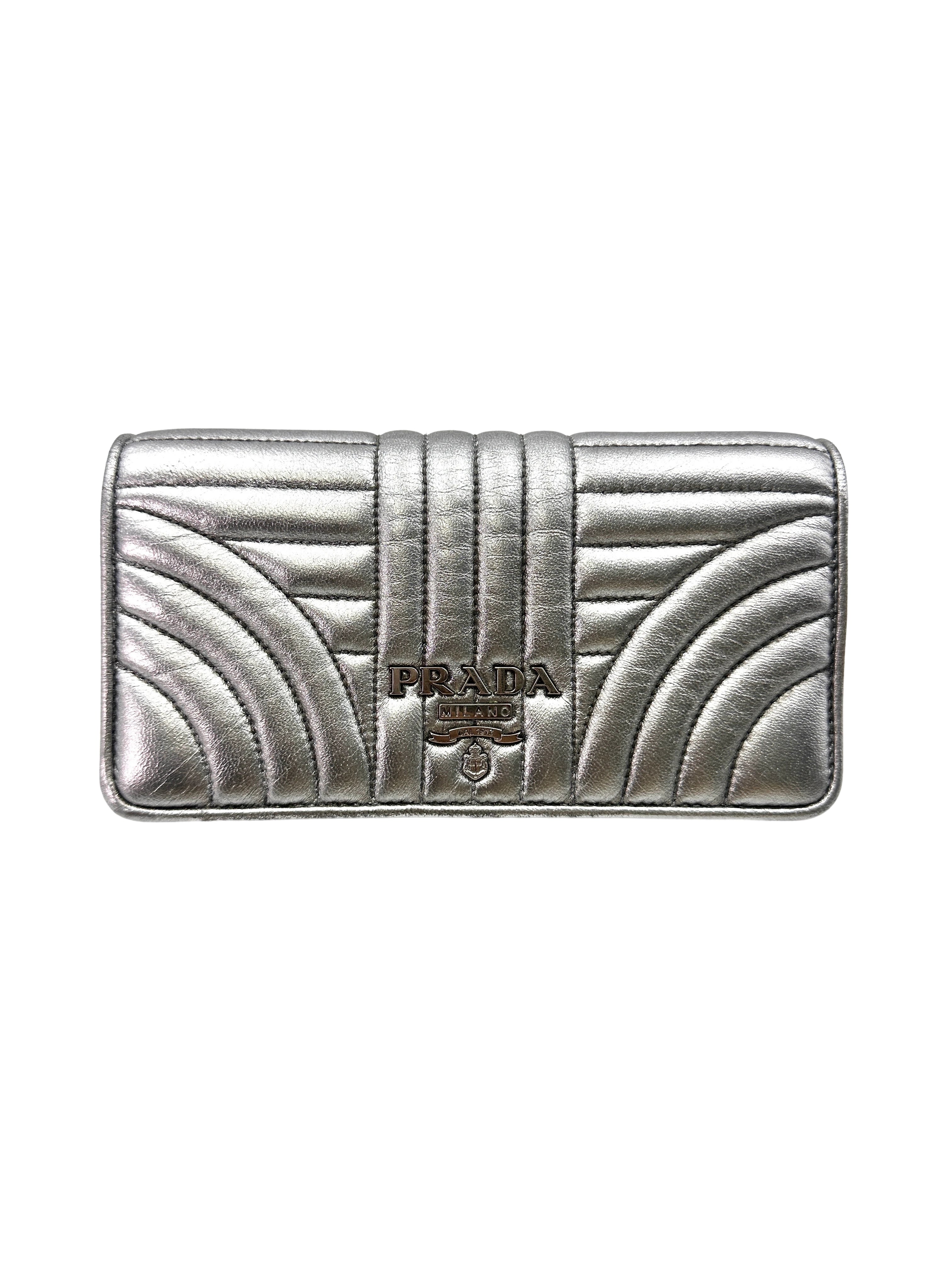 Prada Diagramme Silver Metallic Leather Wallet On Chain PR197