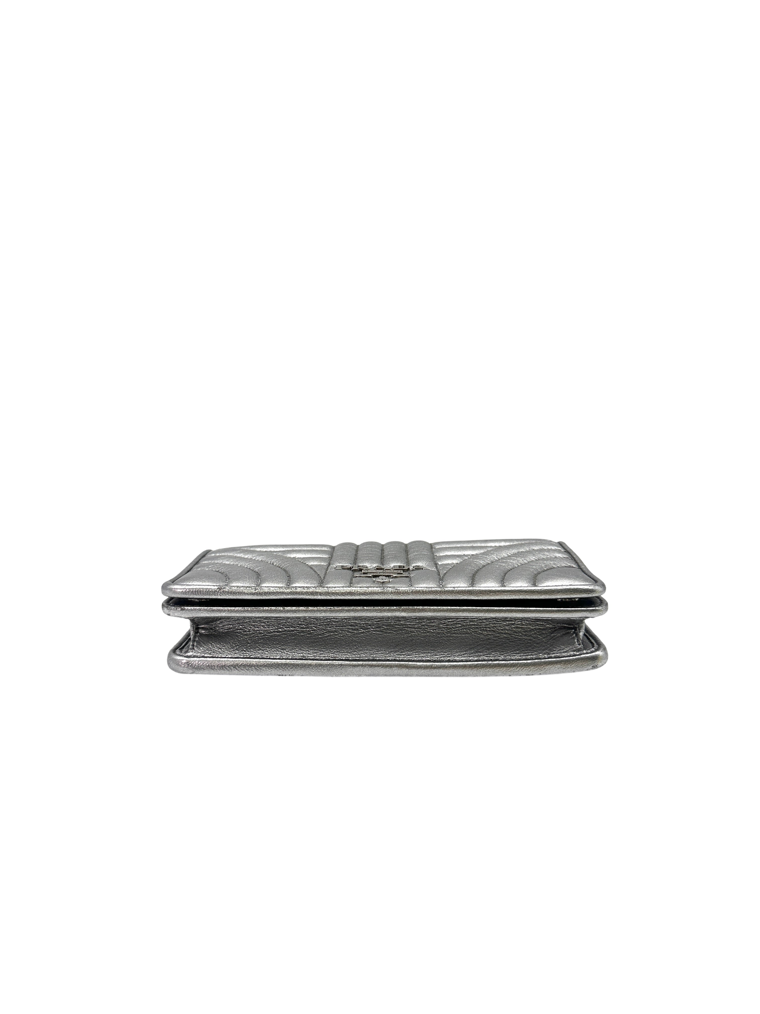 Prada Diagramme Silver Metallic Leather Wallet On Chain PR197
