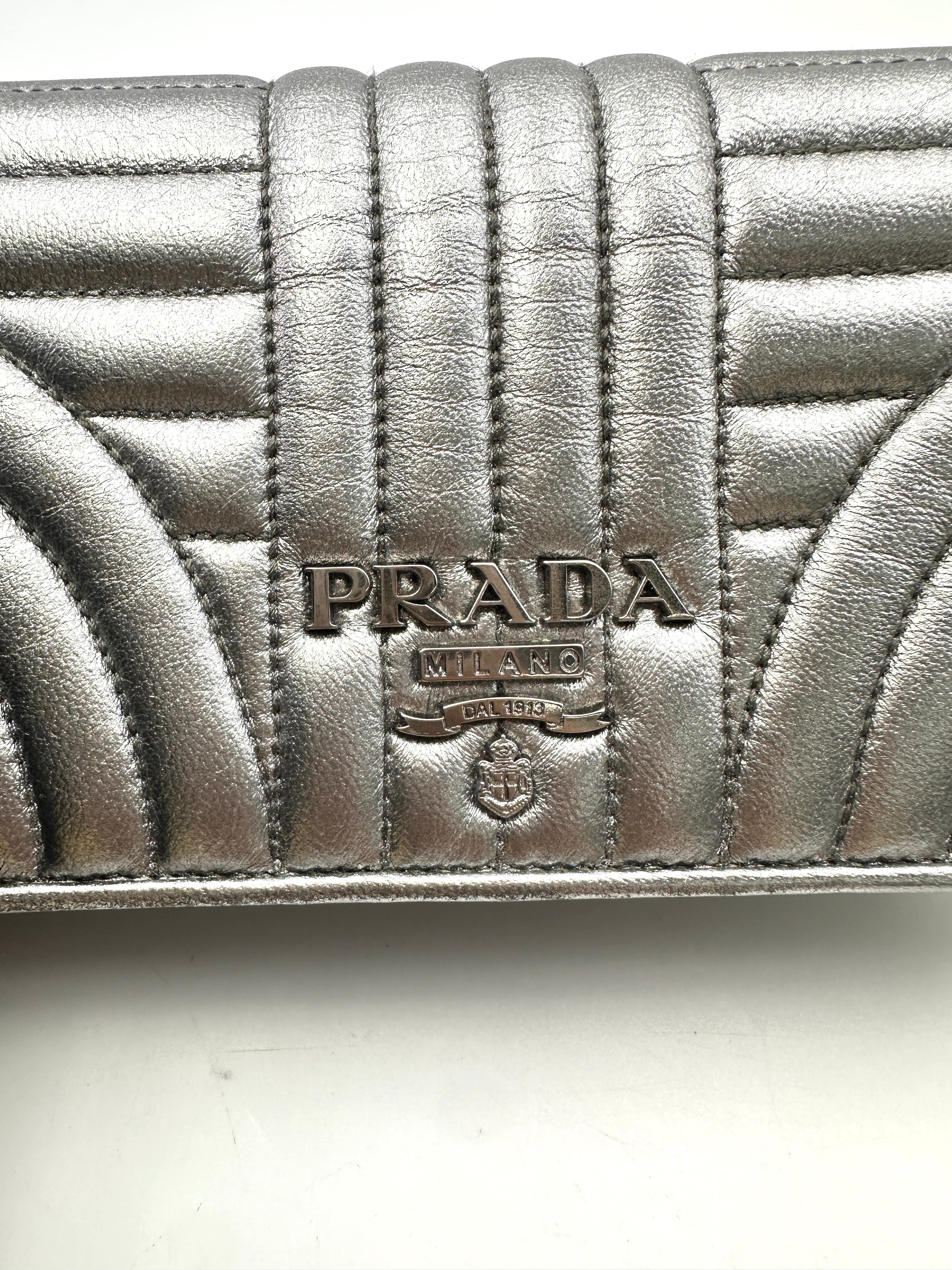 Prada Diagramme Silver Metallic Leather Wallet On Chain PR197