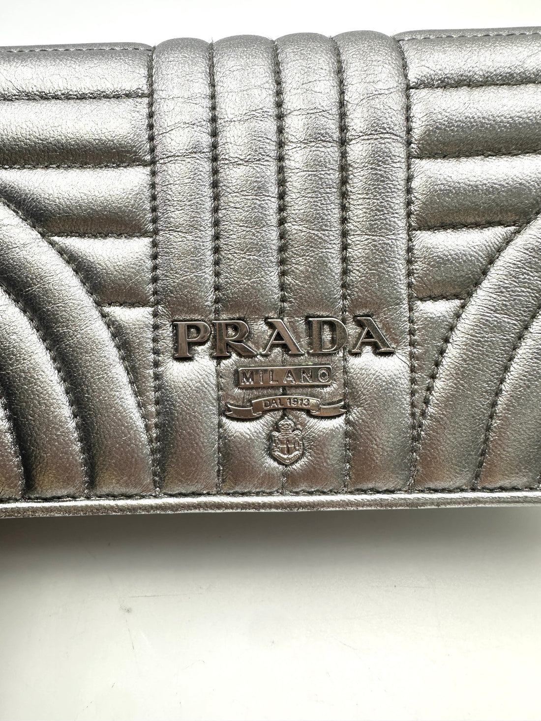 Prada Diagramme Silver Metallic Leather Wallet On Chain PR197
