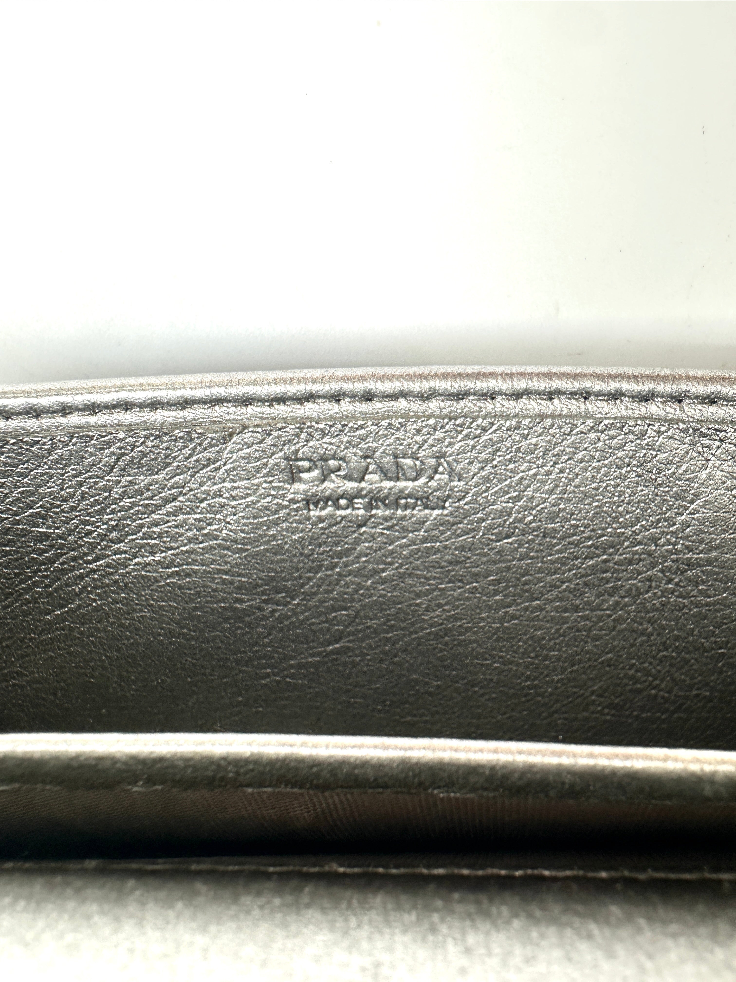 Prada Diagramme Silver Metallic Leather Wallet On Chain PR197