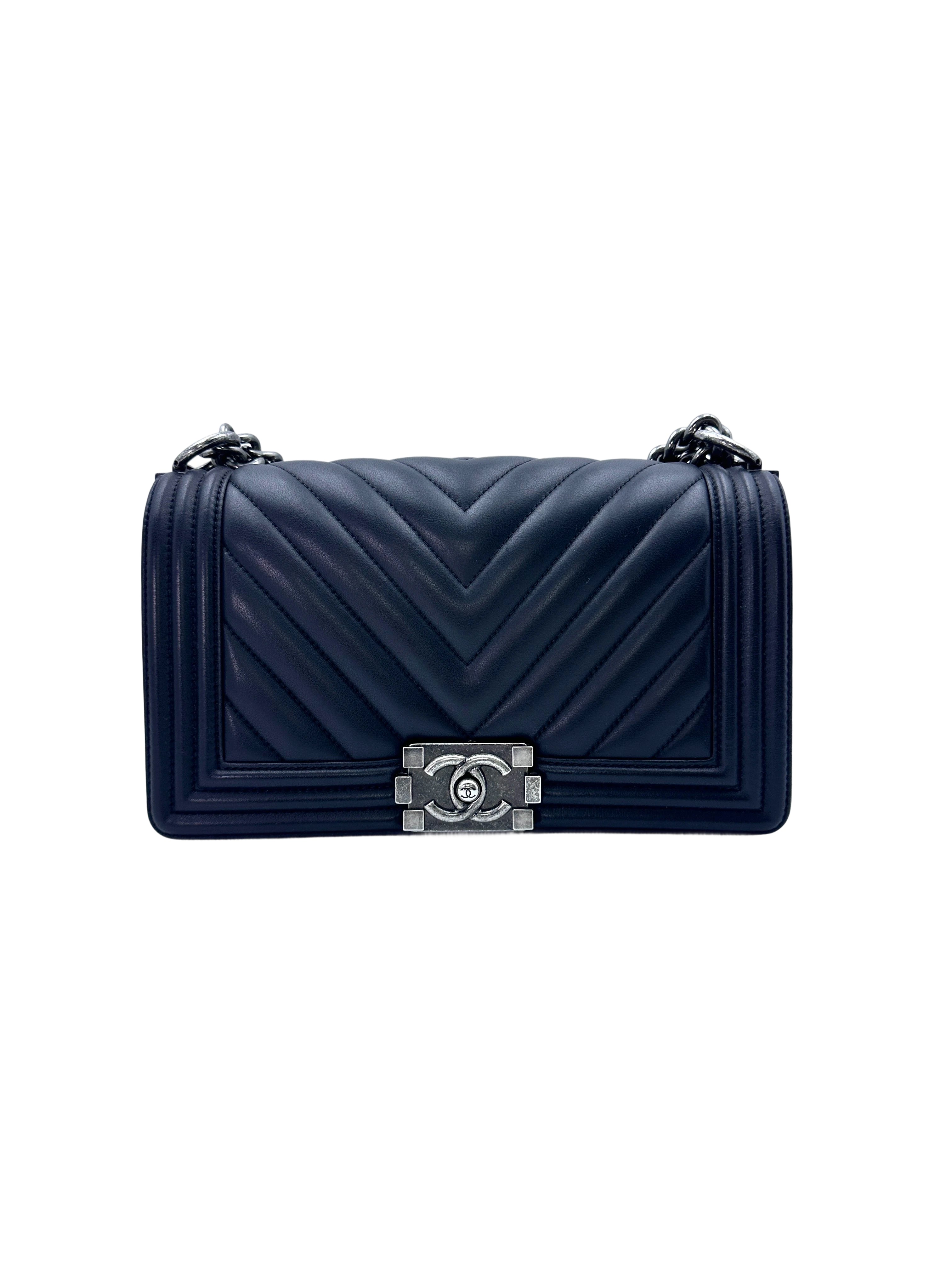 Chanel LeBoy Black Chevron Quilted Calfskin Medium Size Flap Bag With Silver Buckle(22***02) CC1482