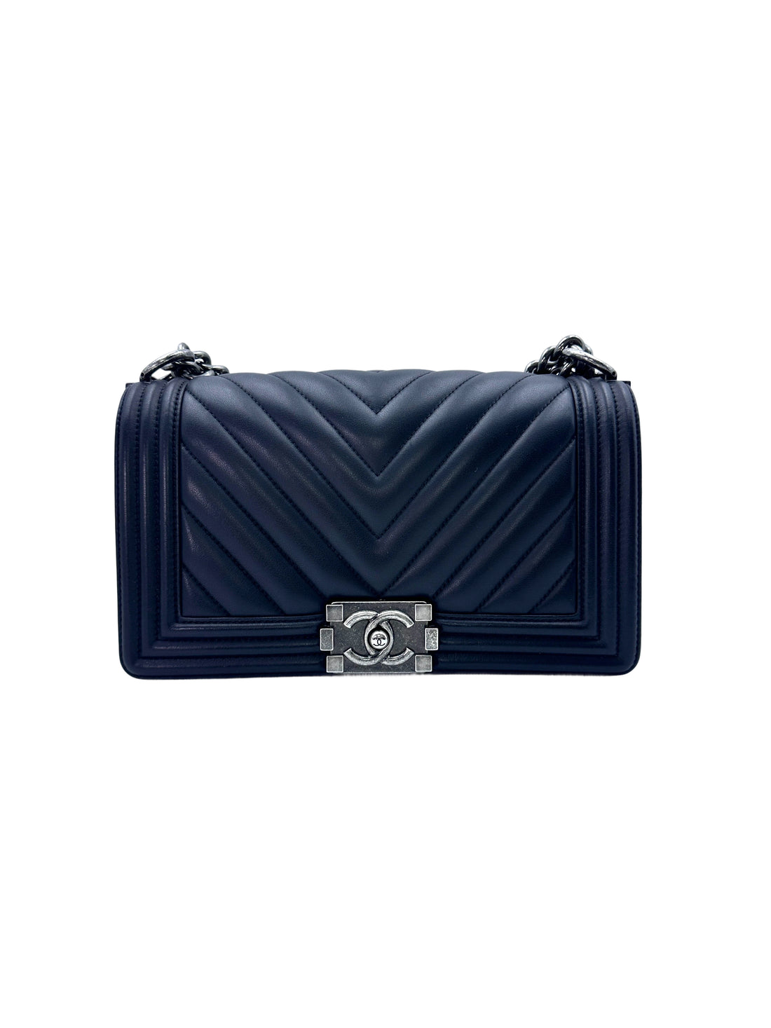 Chanel LeBoy Black Chevron Quilted Calfskin Medium Size Flap Bag With Silver Buckle(22***02) CC1482