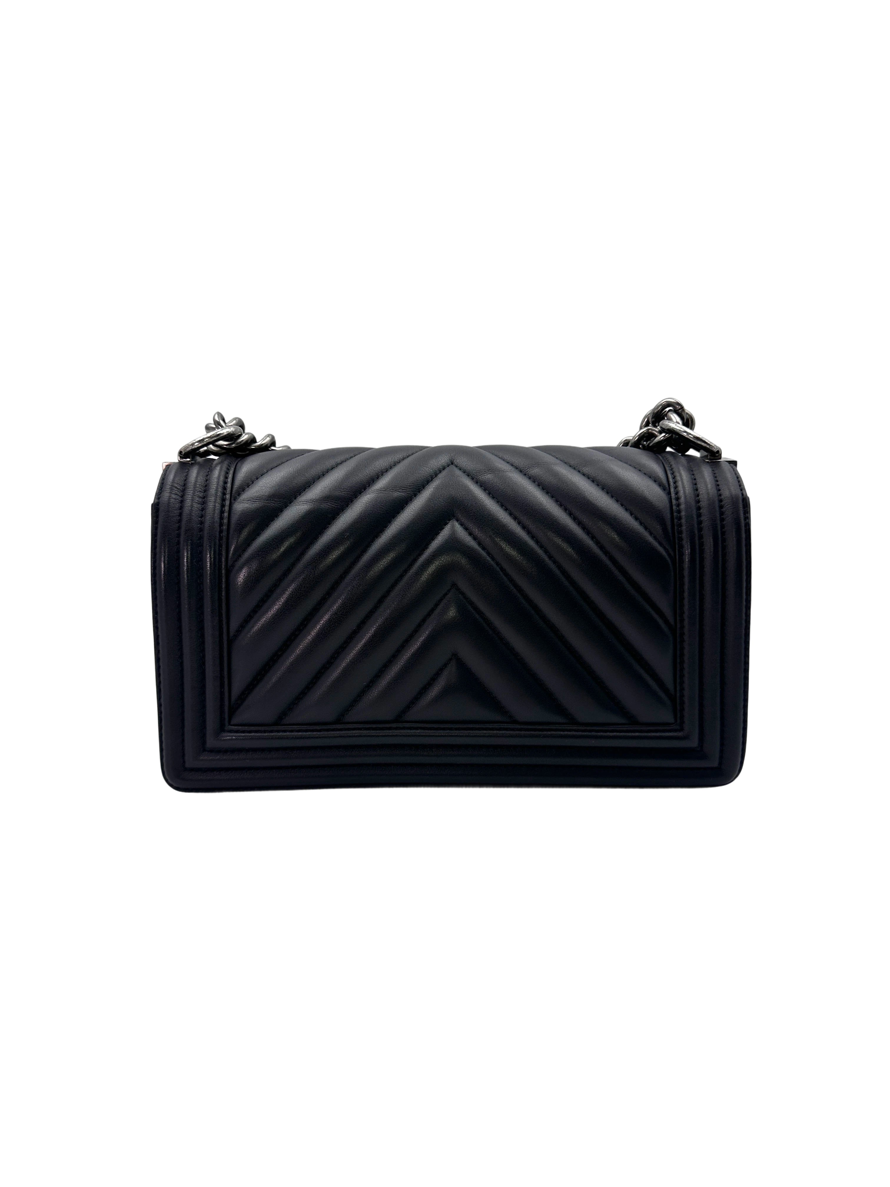 Chanel LeBoy Black Chevron Quilted Calfskin Medium Size Flap Bag With Silver Buckle(22***02) CC1482