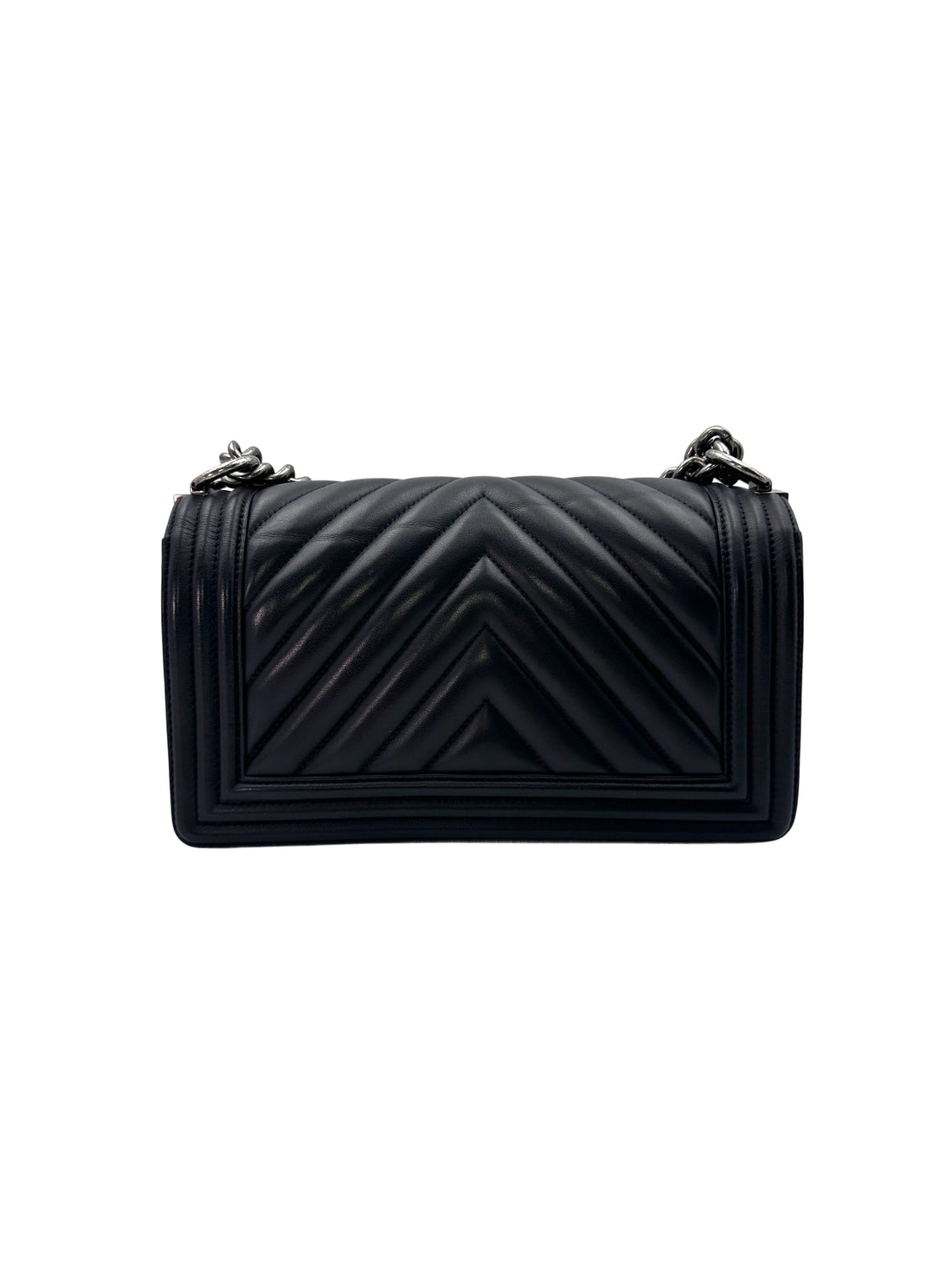 Chanel LeBoy Black Chevron Quilted Calfskin Medium Size Flap Bag With Silver Buckle(22***02) CC1482