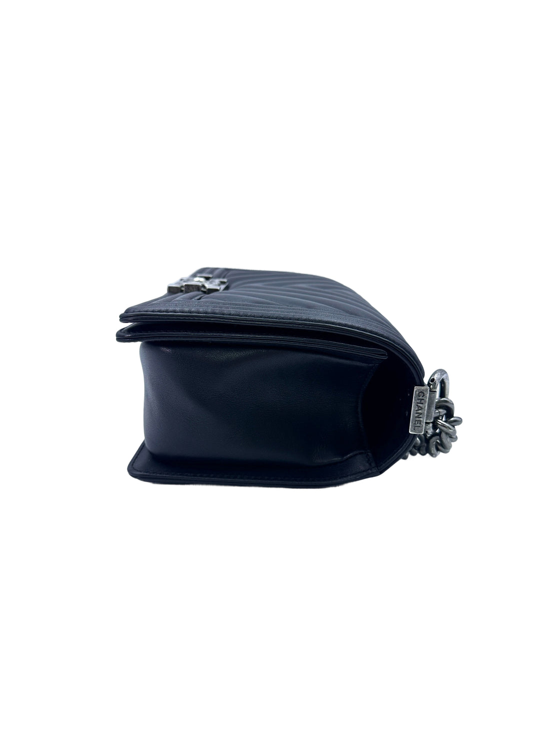 Chanel LeBoy Black Chevron Quilted Calfskin Medium Size Flap Bag With Silver Buckle(22***02) CC1482