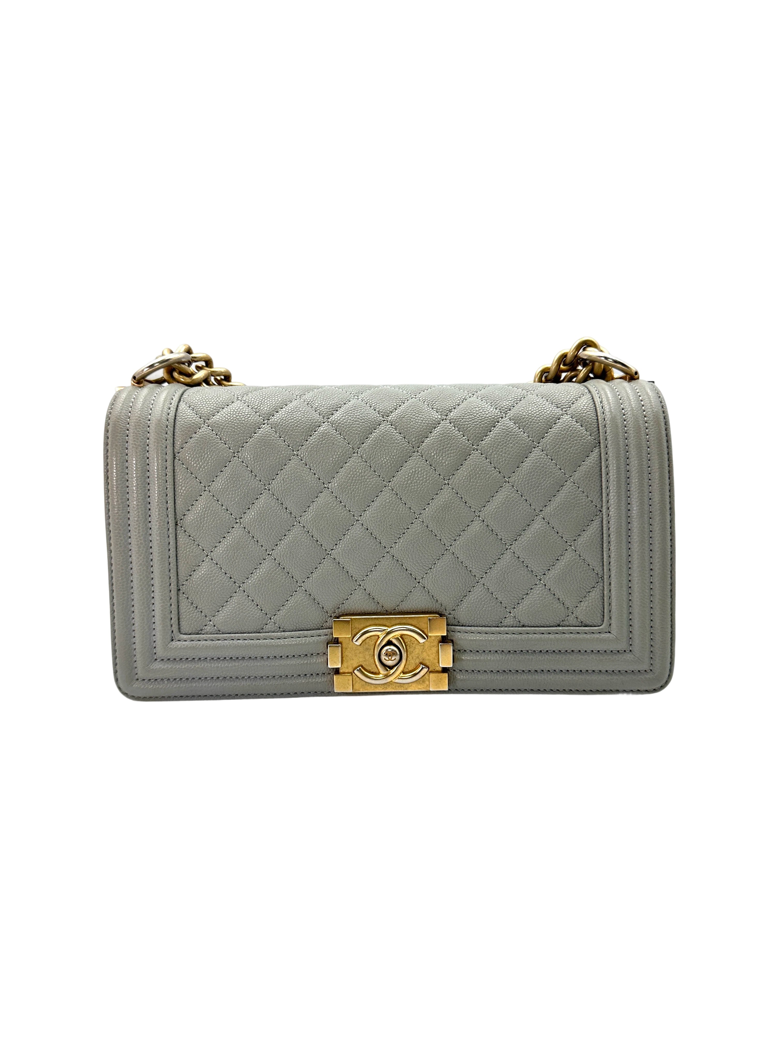 Chanel LeBoy Gray Quilted Leather Medium Size Flap Bag With Gold Buckle(25***06) IRIS039