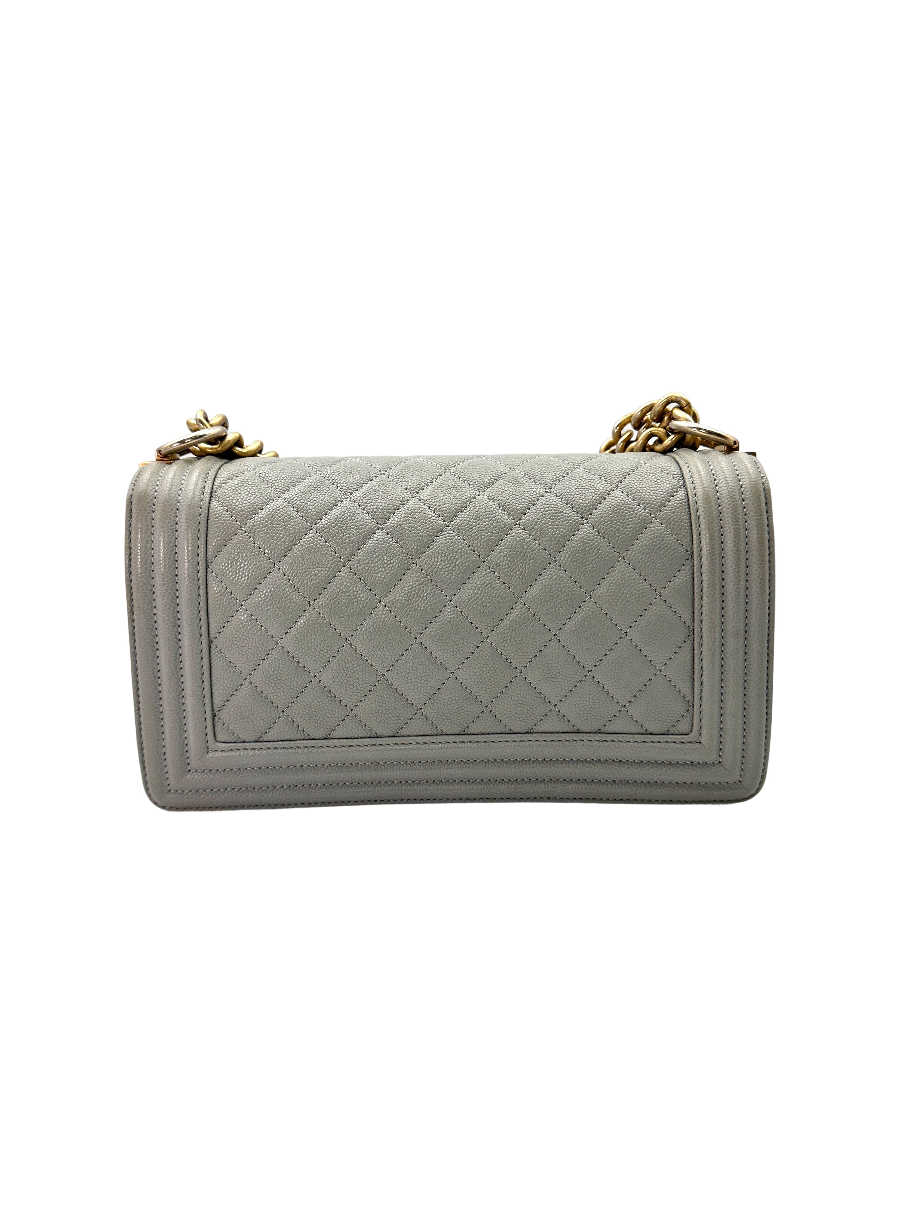 Chanel LeBoy Gray Quilted Leather Medium Size Flap Bag With Gold Buckle(25***06) IRIS039