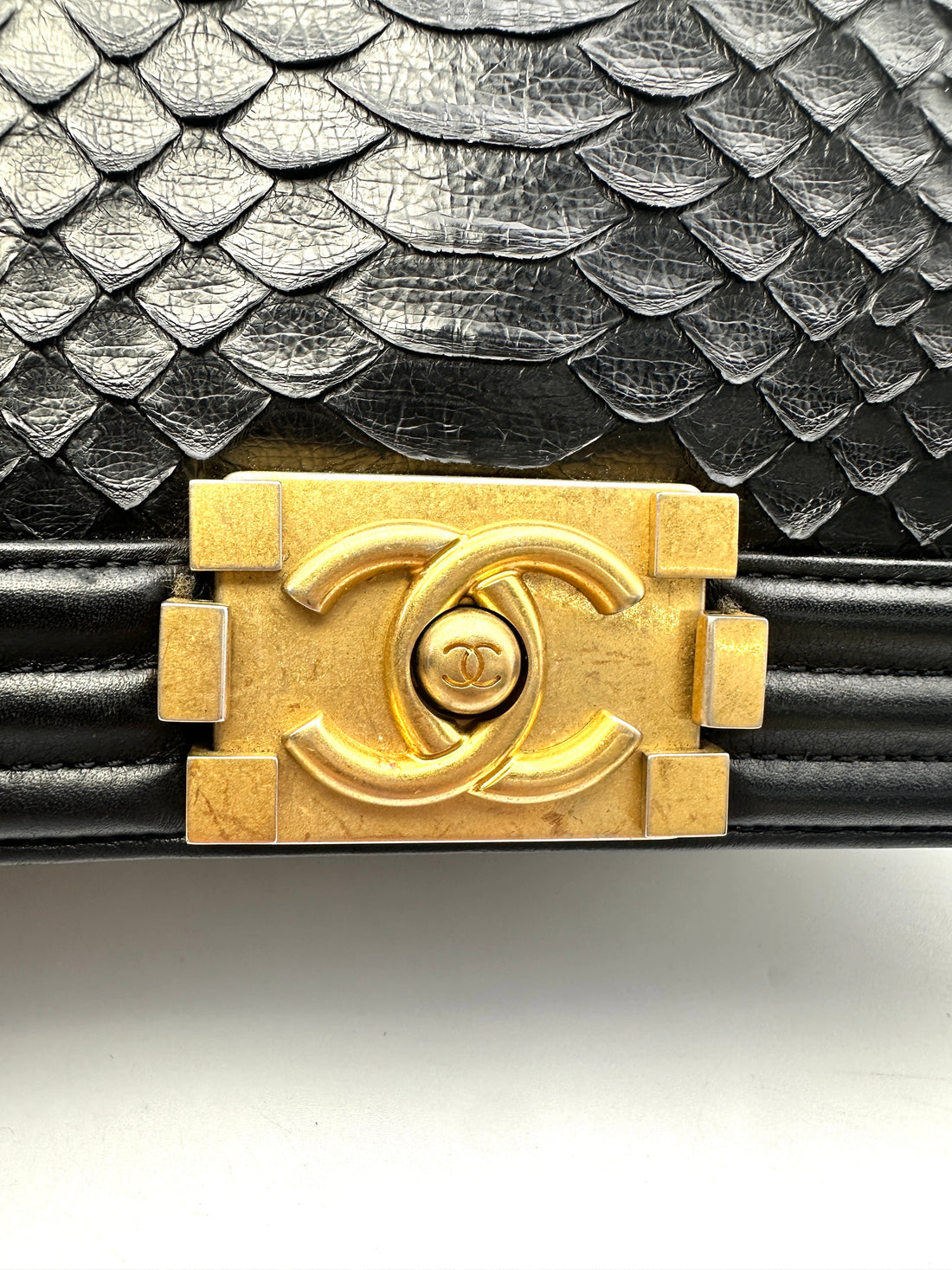 Chanel Limited Edition LeBoy Black Python Leather Flap Bag With Gold Buckle(26***72) CC1483