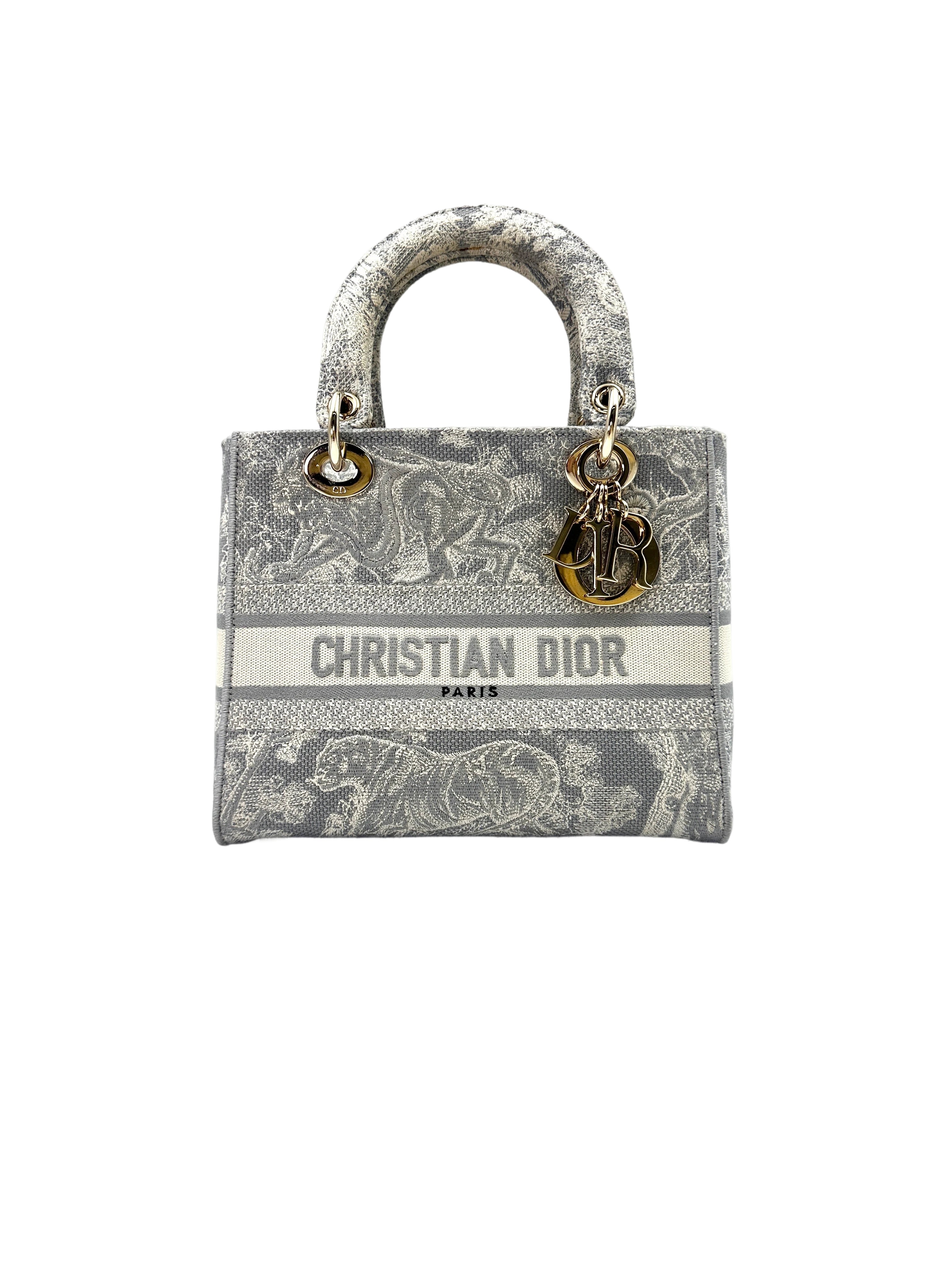 Christian Dior Lady D-Lite Grey Toile de Jouy Reverse Embroidery Canvas Handle Bag With Gold Charms DR546