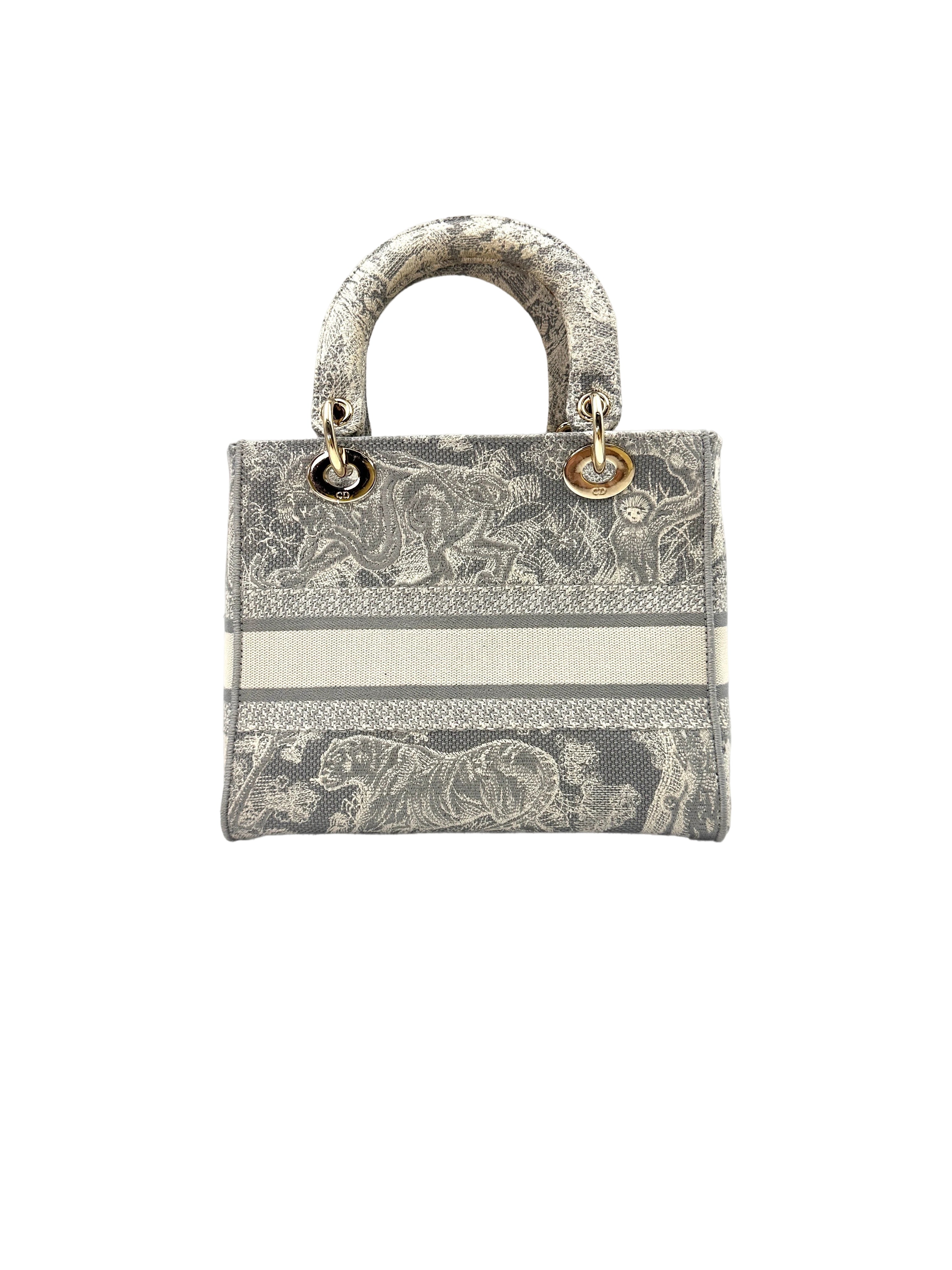 Christian Dior Lady D-Lite Grey Toile de Jouy Reverse Embroidery Canvas Handle Bag With Gold Charms DR546