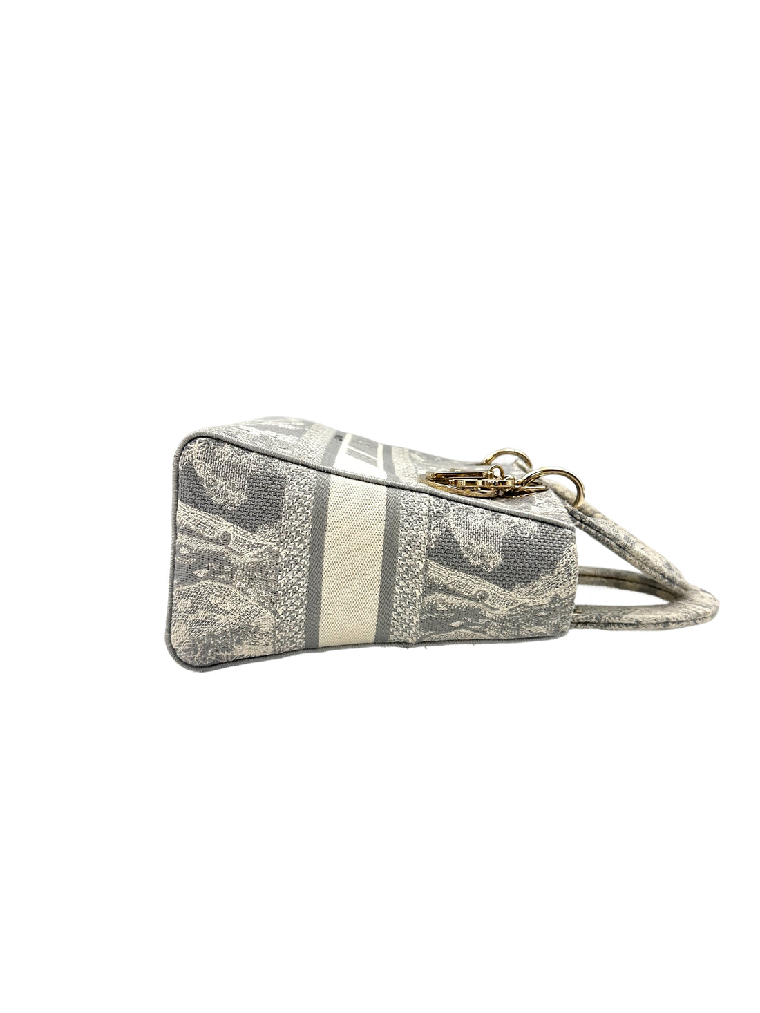 Christian Dior Lady D-Lite Grey Toile de Jouy Reverse Embroidery Canvas Handle Bag With Gold Charms DR546