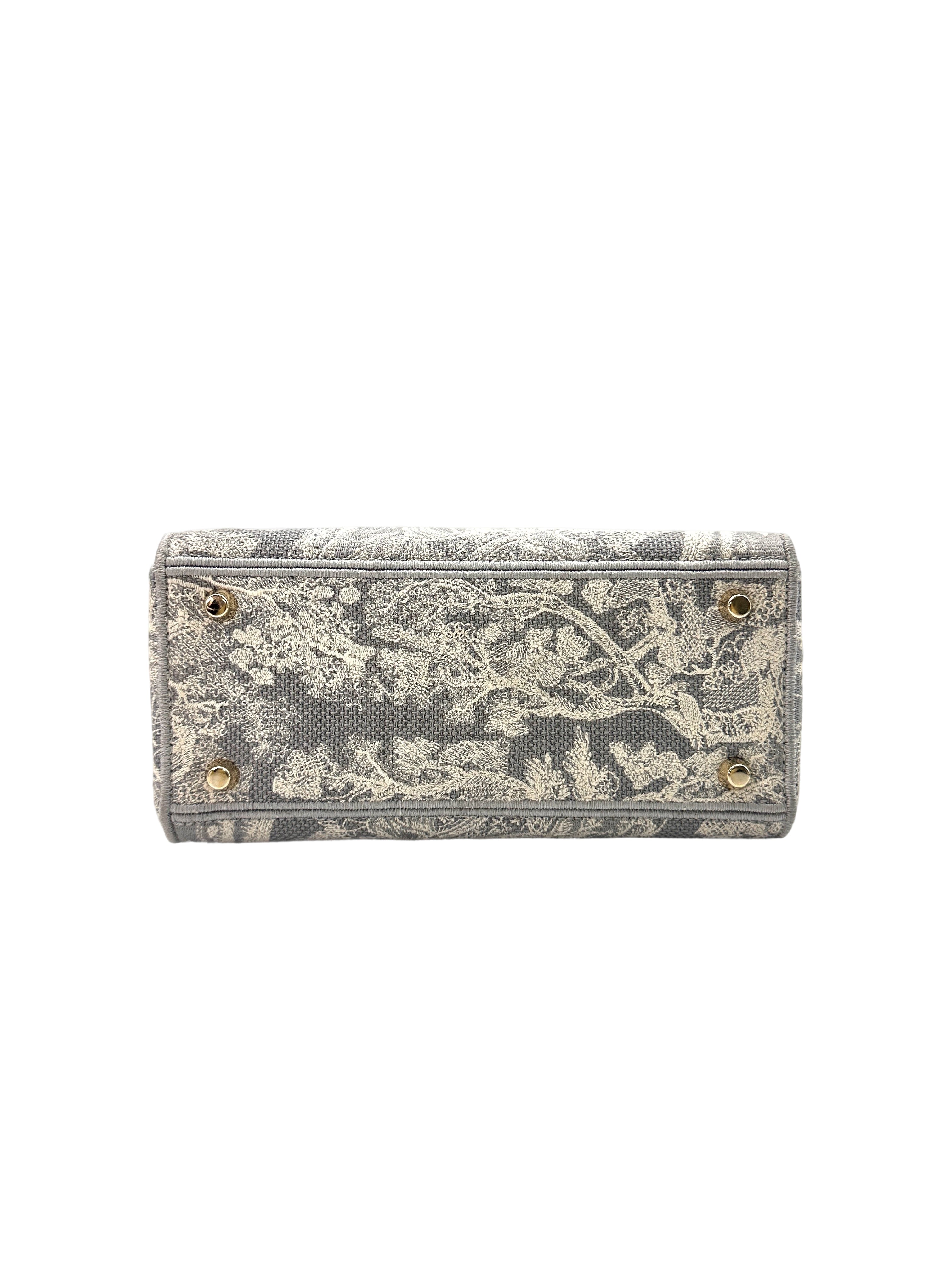 Christian Dior Lady D-Lite Grey Toile de Jouy Reverse Embroidery Canvas Handle Bag With Gold Charms DR546