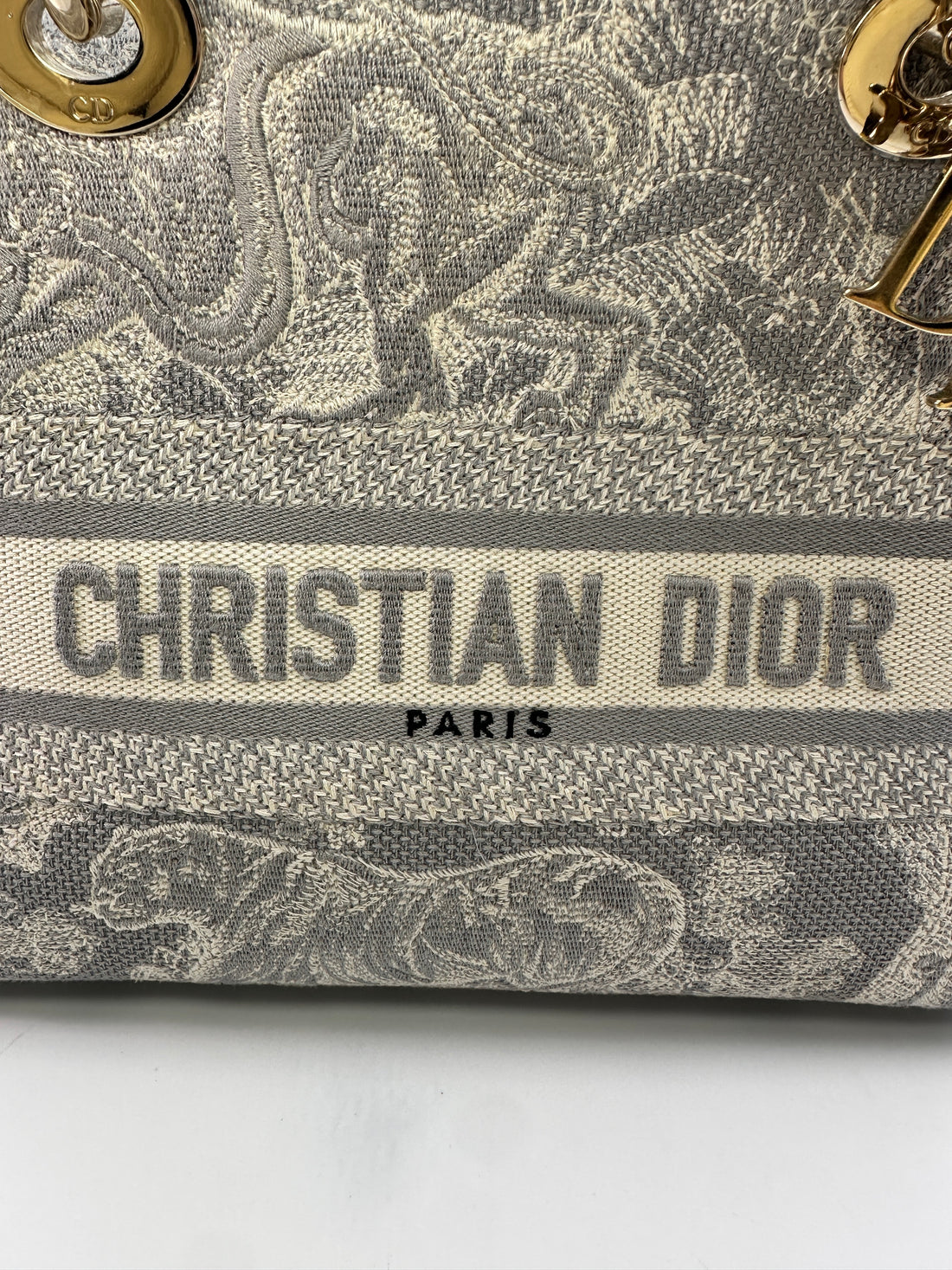 Christian Dior Lady D-Lite Grey Toile de Jouy Reverse Embroidery Canvas Handle Bag With Gold Charms DR546