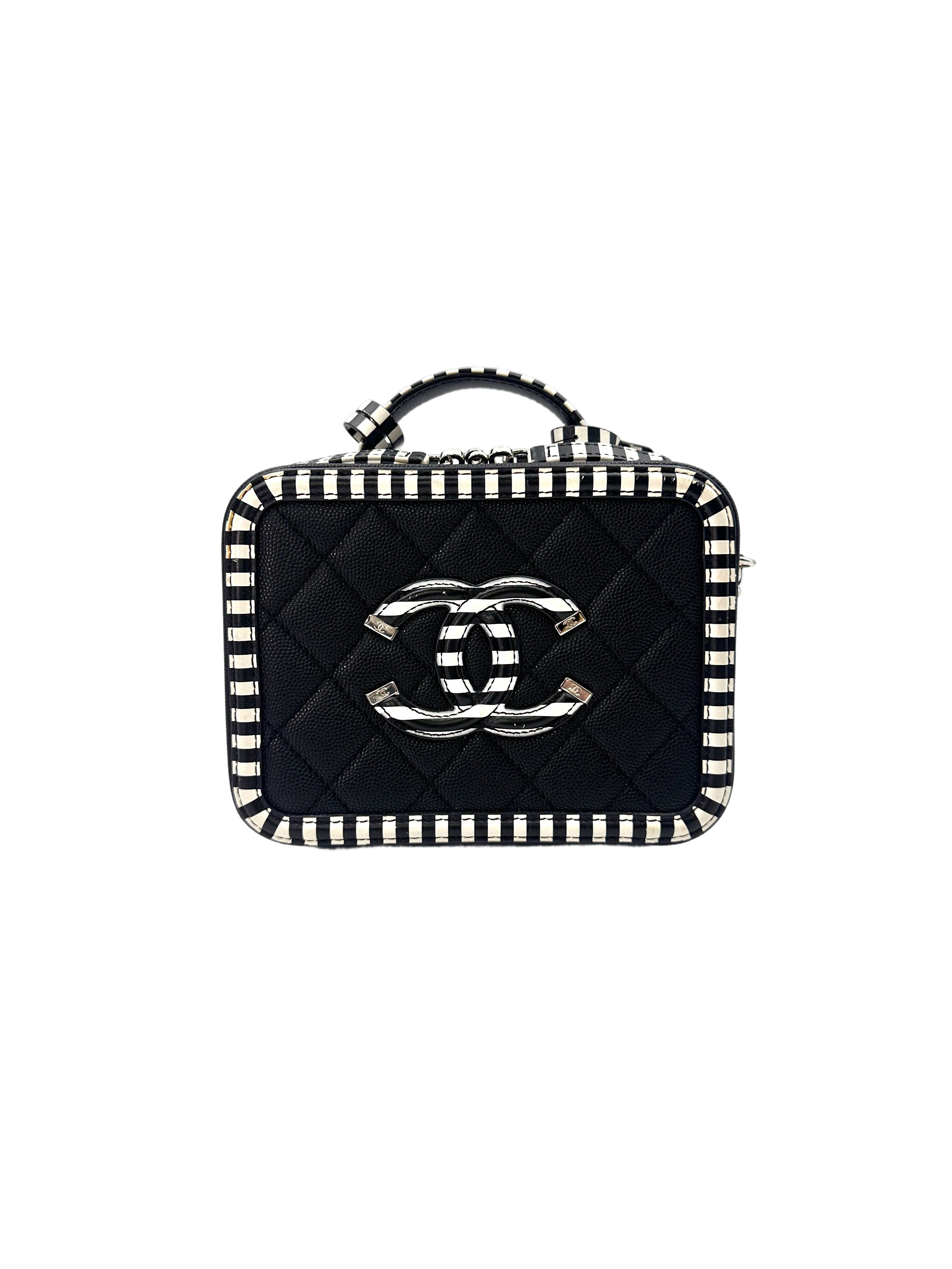 Chanel CC Filigree Black Quilted Calfskin And White Striped Trim Top Handle Vanity Case(27***39) CC1486