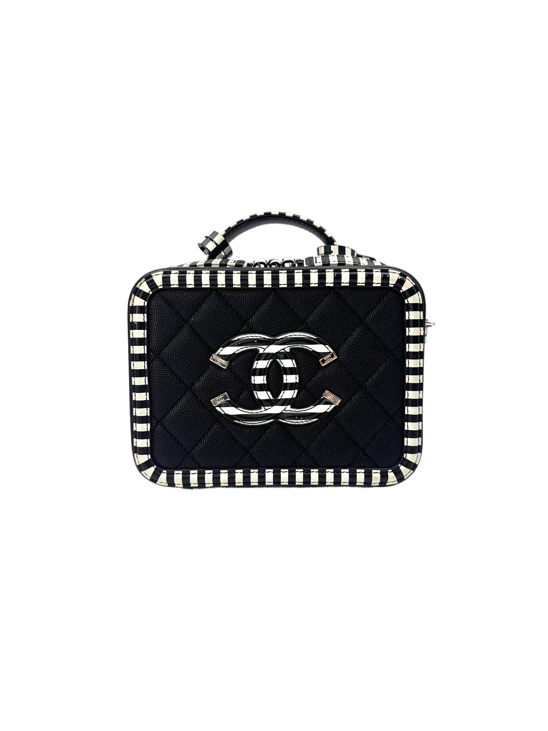Chanel CC Filigree Black Quilted Calfskin And White Striped Trim Top Handle Vanity Case(27***39) CC1486