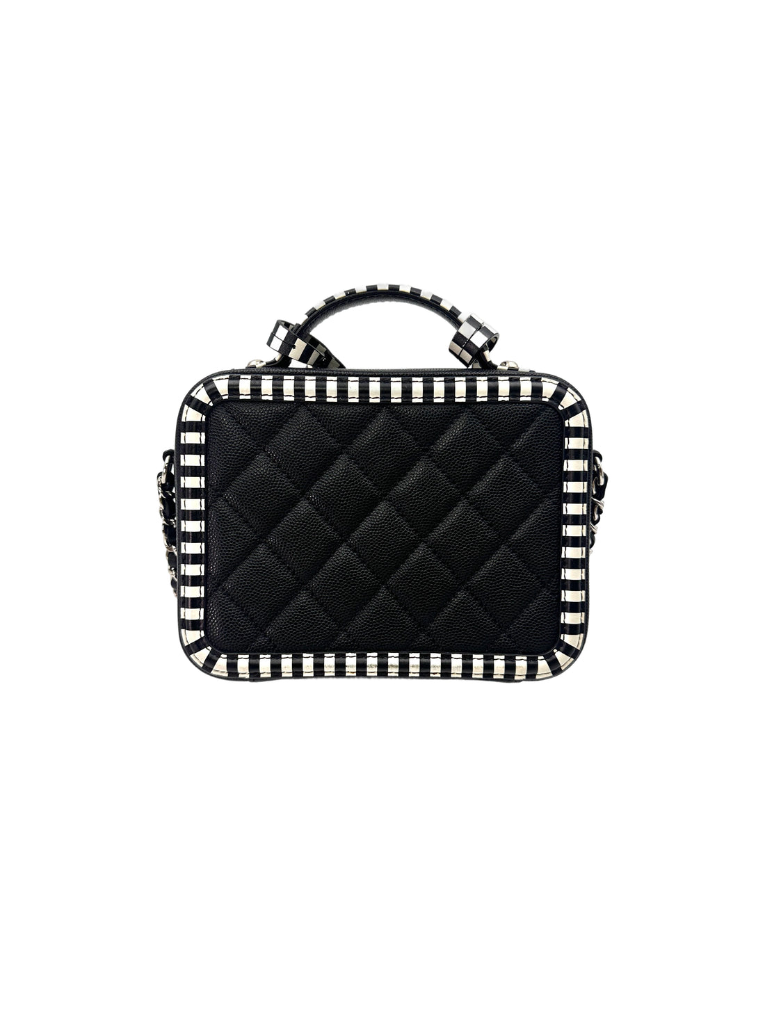 Chanel CC Filigree Black Quilted Calfskin And White Striped Trim Top Handle Vanity Case(27***39) CC1486