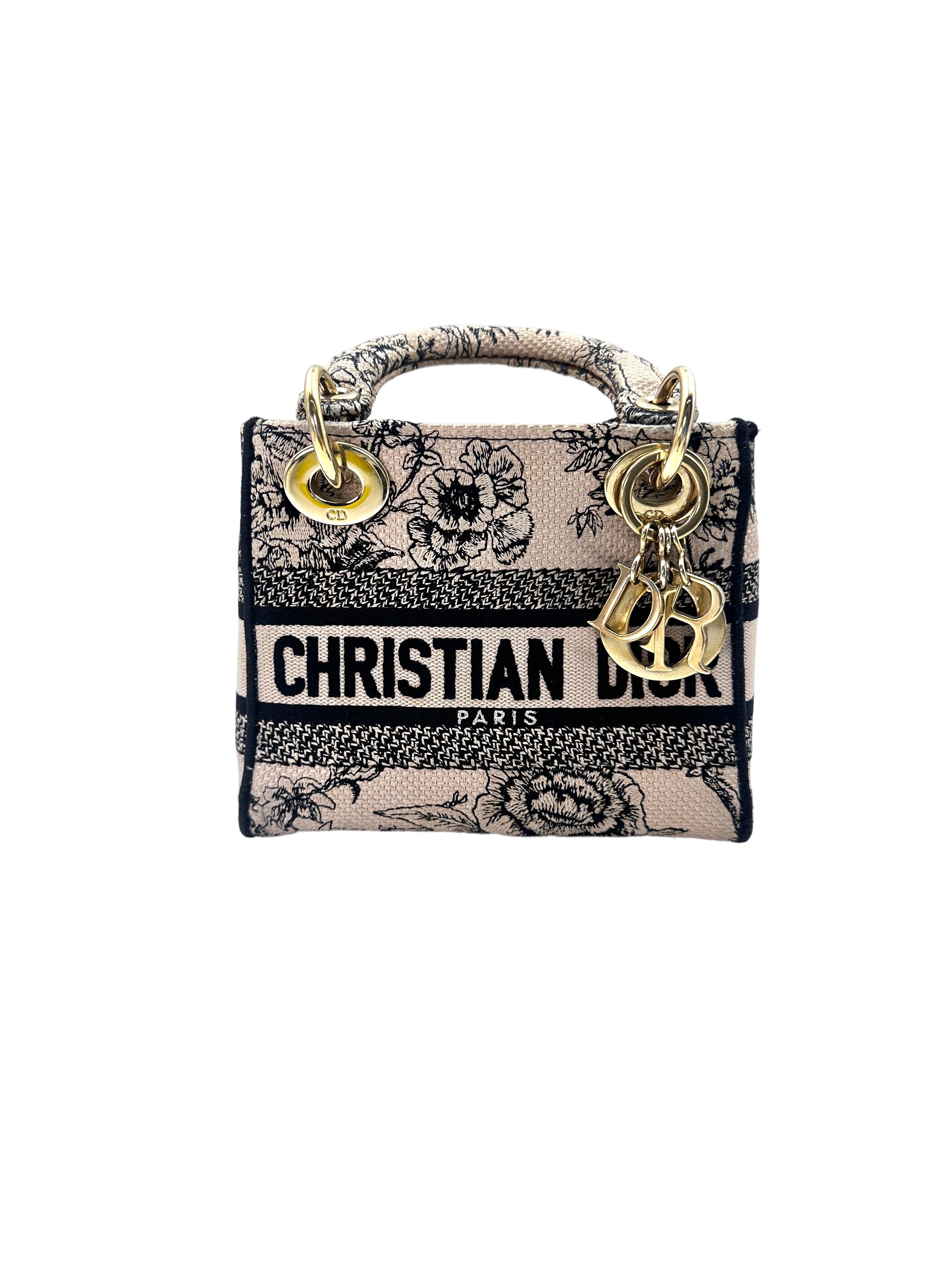 Christian Dior Lady D-Lite Blue/White Toile de Jouy Embroidery Canvas Handle Bag With Gold Charms DR544