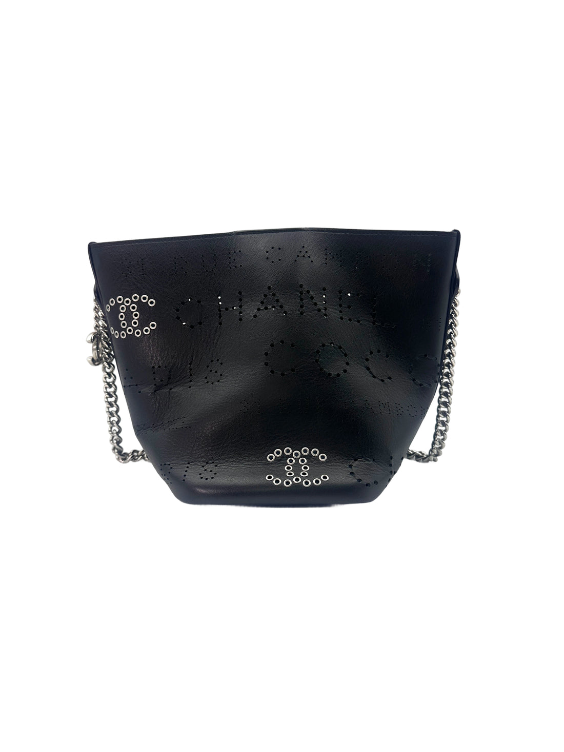 Chanel Piercing Light Black Perforated Leather Bucket Bag With Tweed Pouch(27***84) CC1499
