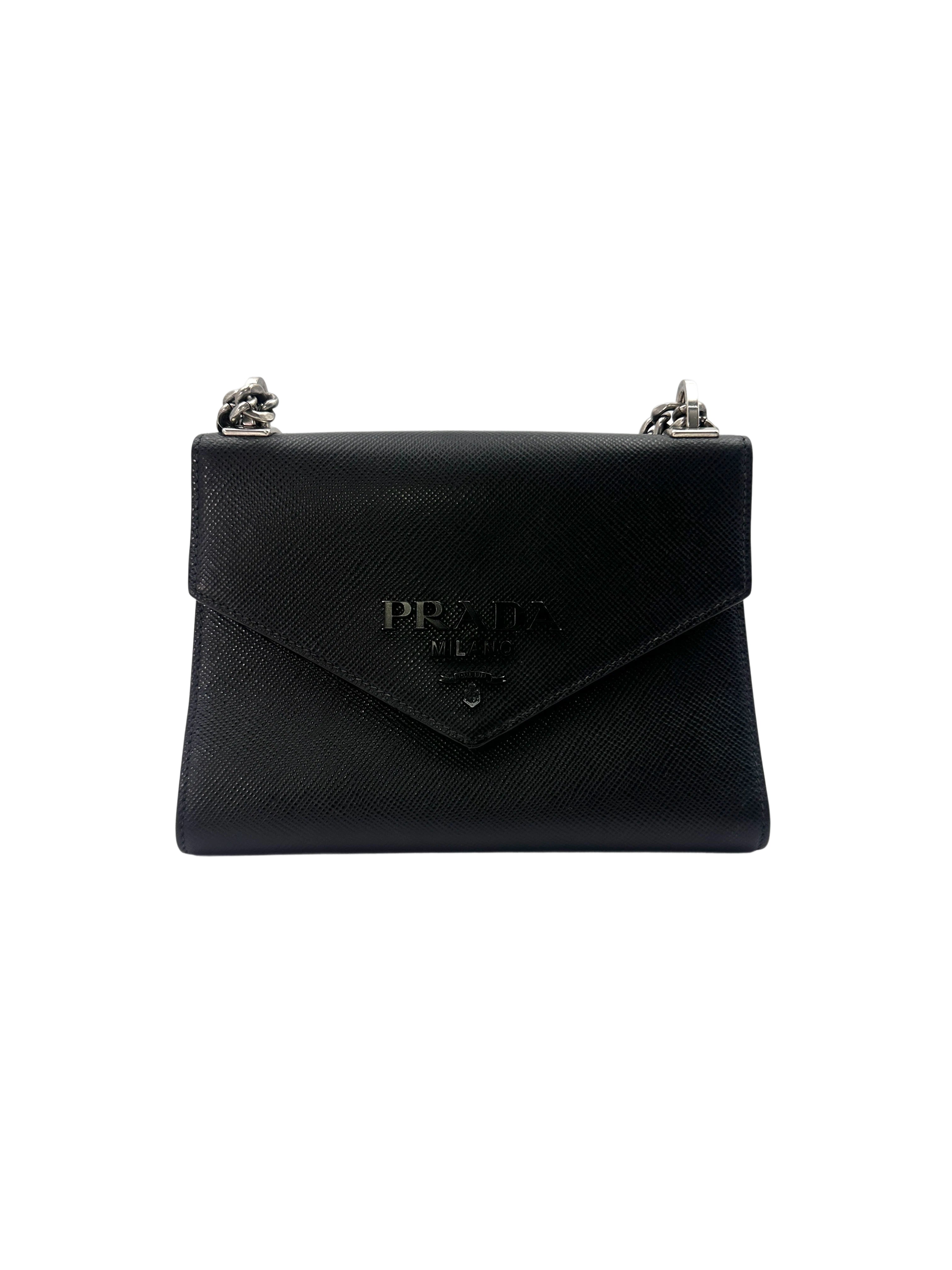 Prada Monochrome Saffiano Black Leather Chain Shoulder Bag PR200