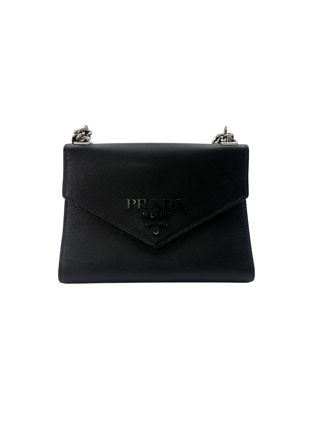 Prada Monochrome Saffiano Black Leather Chain Shoulder Bag PR200