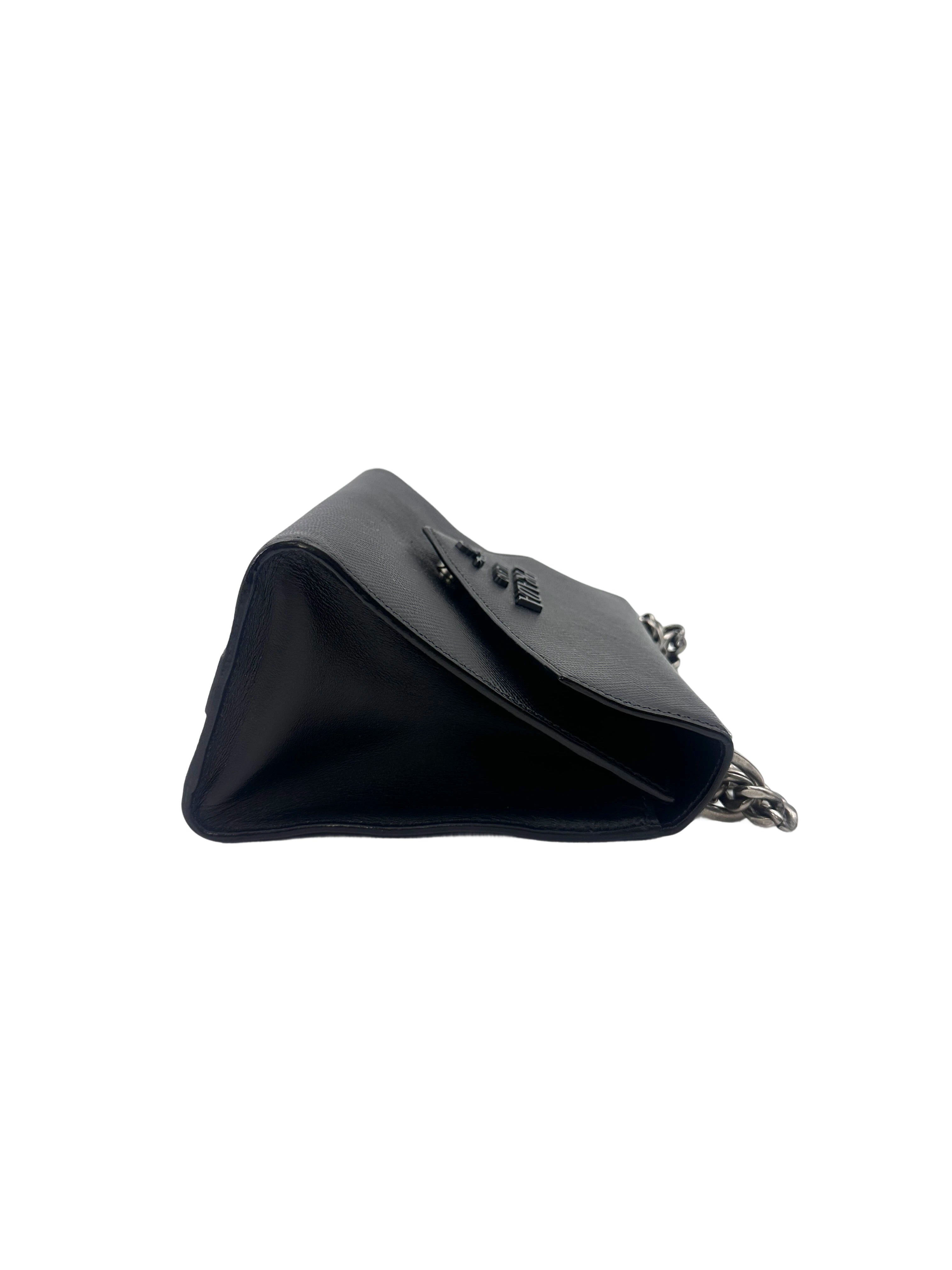 Prada Monochrome Saffiano Black Leather Chain Shoulder Bag PR200