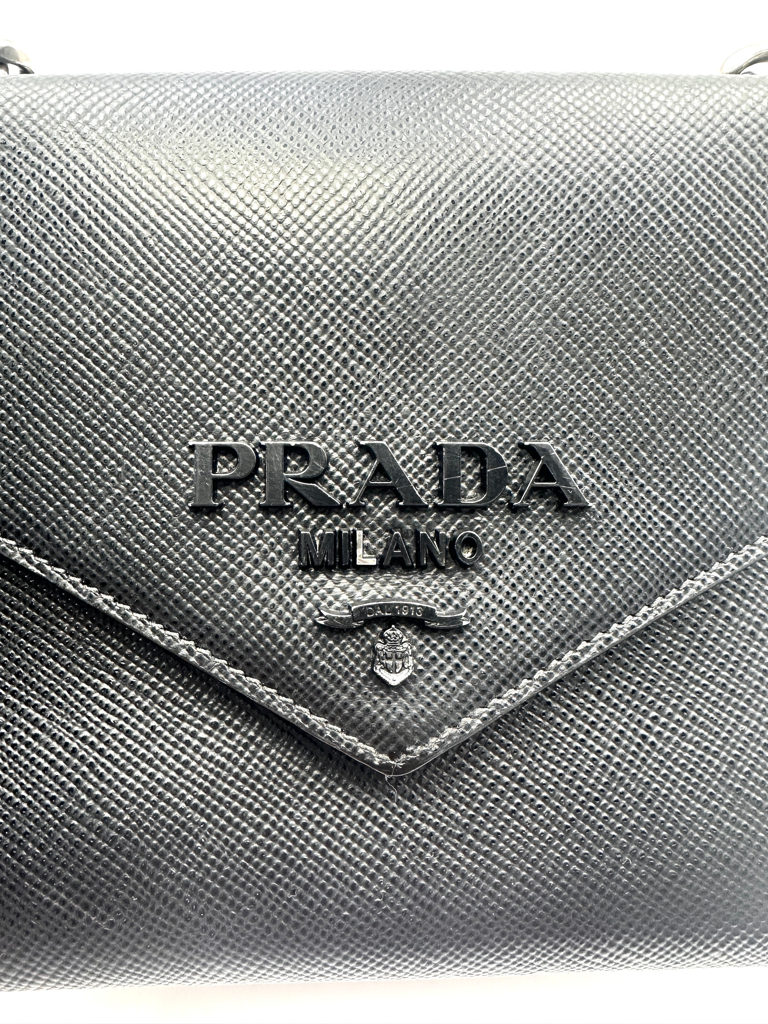 Prada Monochrome Saffiano Black Leather Chain Shoulder Bag PR200