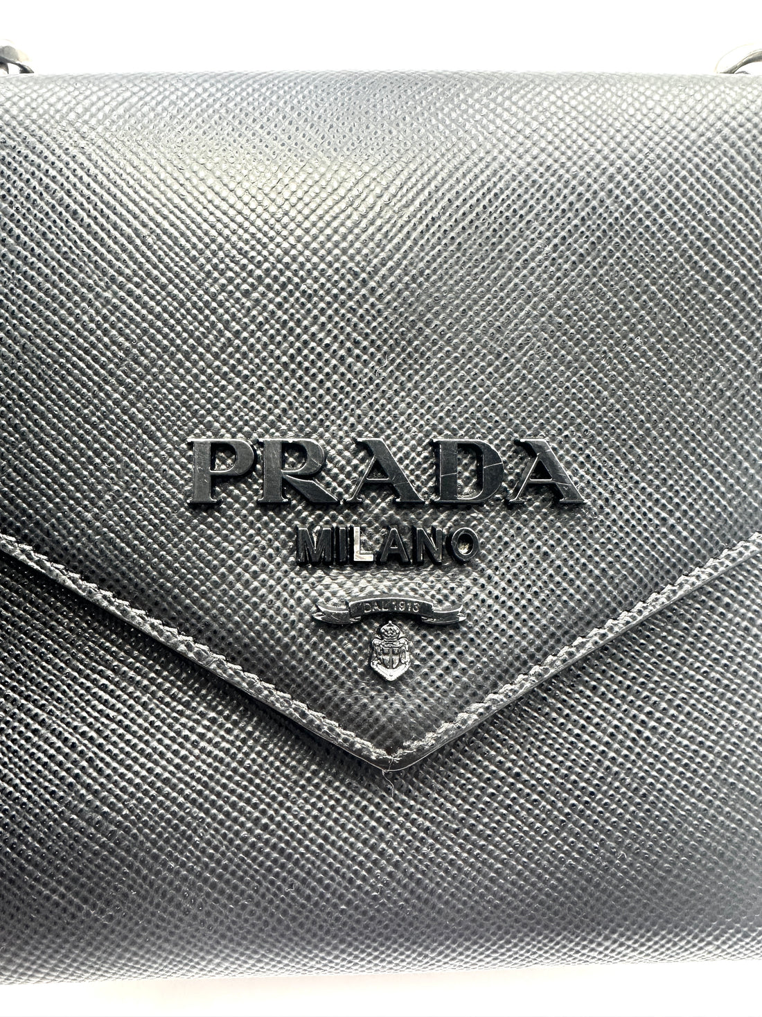 Prada Monochrome Saffiano Black Leather Chain Shoulder Bag PR200