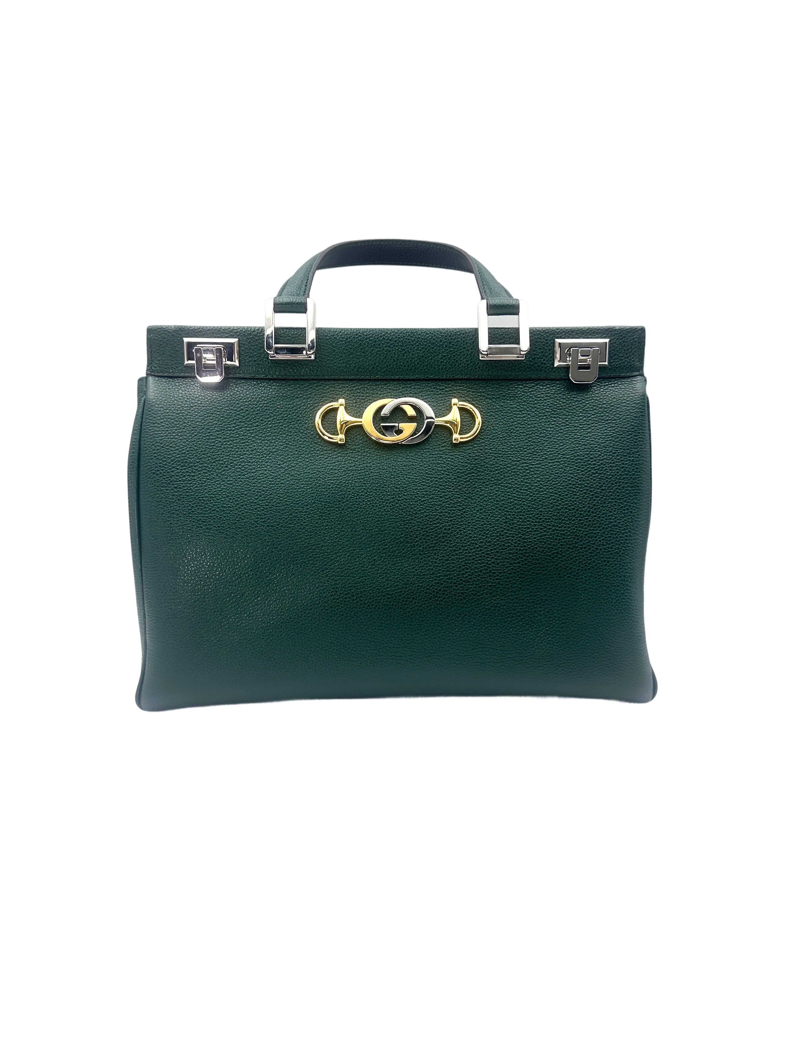 Gucci Zumi Dark Green Grainy Leather Handle Bag GG748