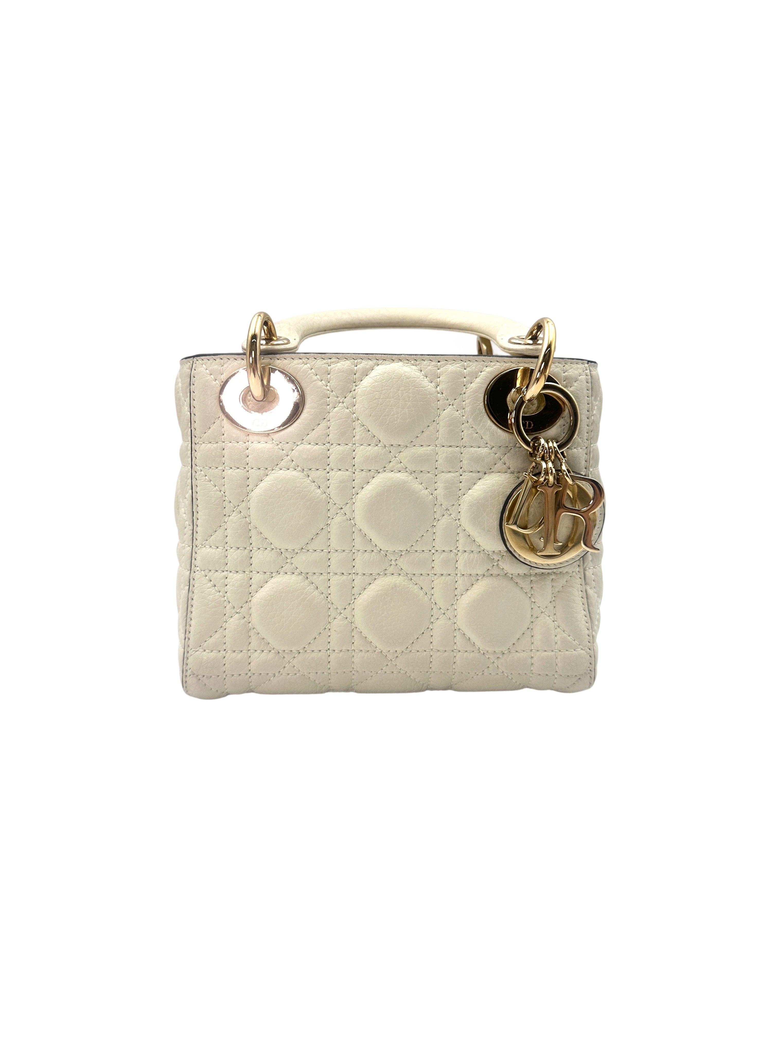 Christian Dior Lady Dior White Cannage Leather Handle Bag With Gold Charms DR549