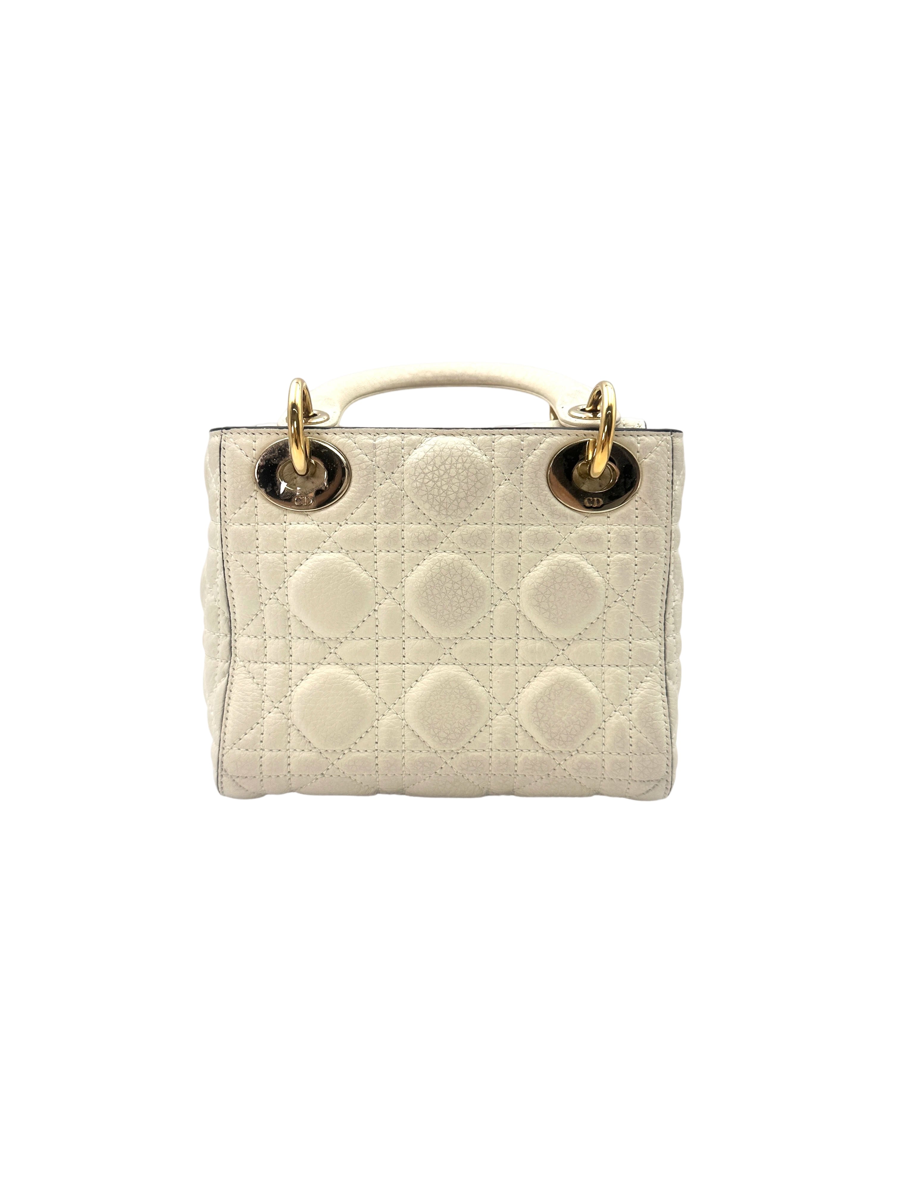 Christian Dior Lady Dior White Cannage Leather Handle Bag With Gold Charms DR549