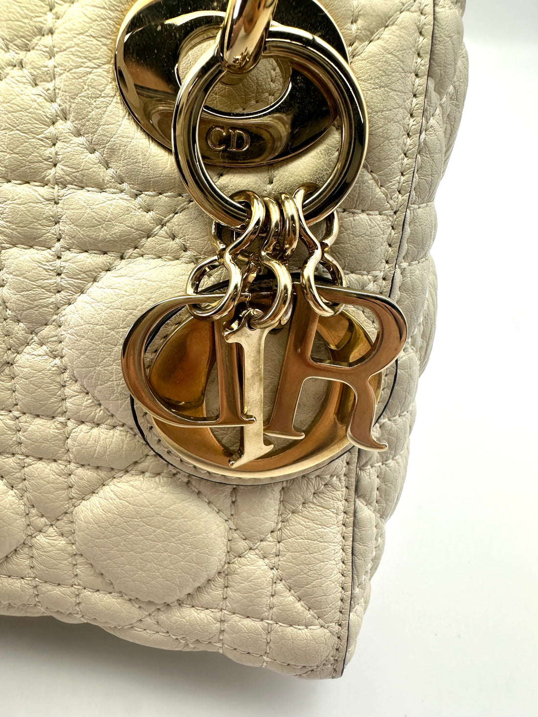 Christian Dior Lady Dior White Cannage Leather Handle Bag With Gold Charms DR549