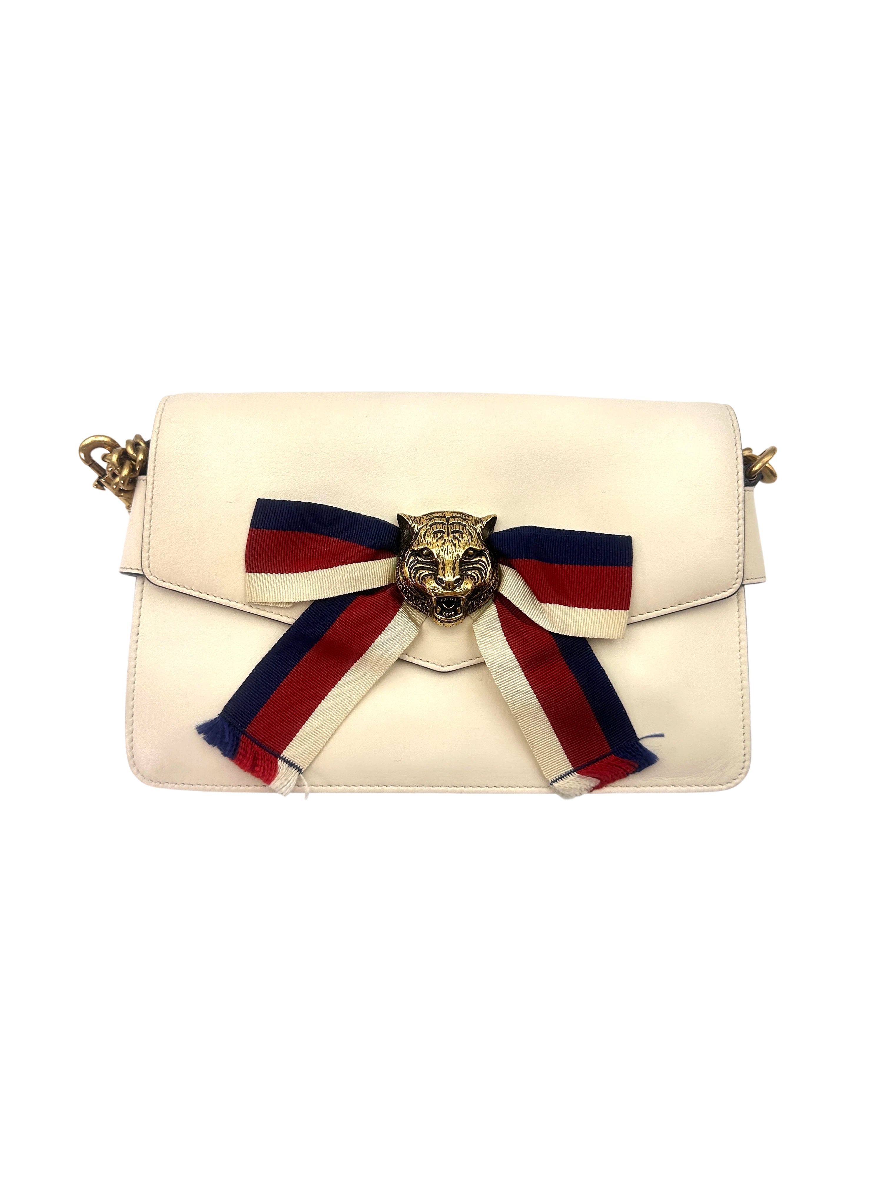 Gucci Broadway Animalier White Leather Shoulder Bag With Tiger Head GG745