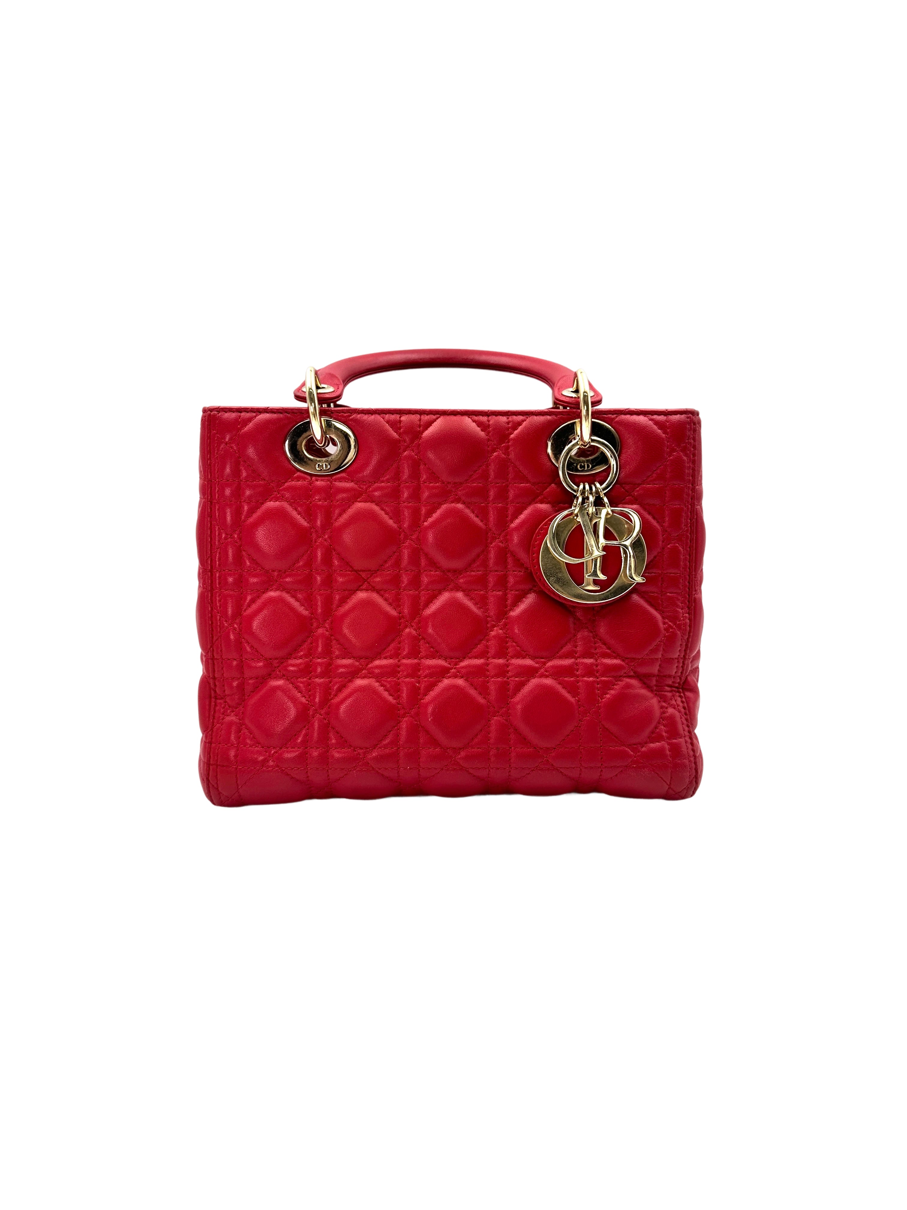 Christian Dior Lady Dior Red Cannage Leather Handle Bag With Gold Charms DR550