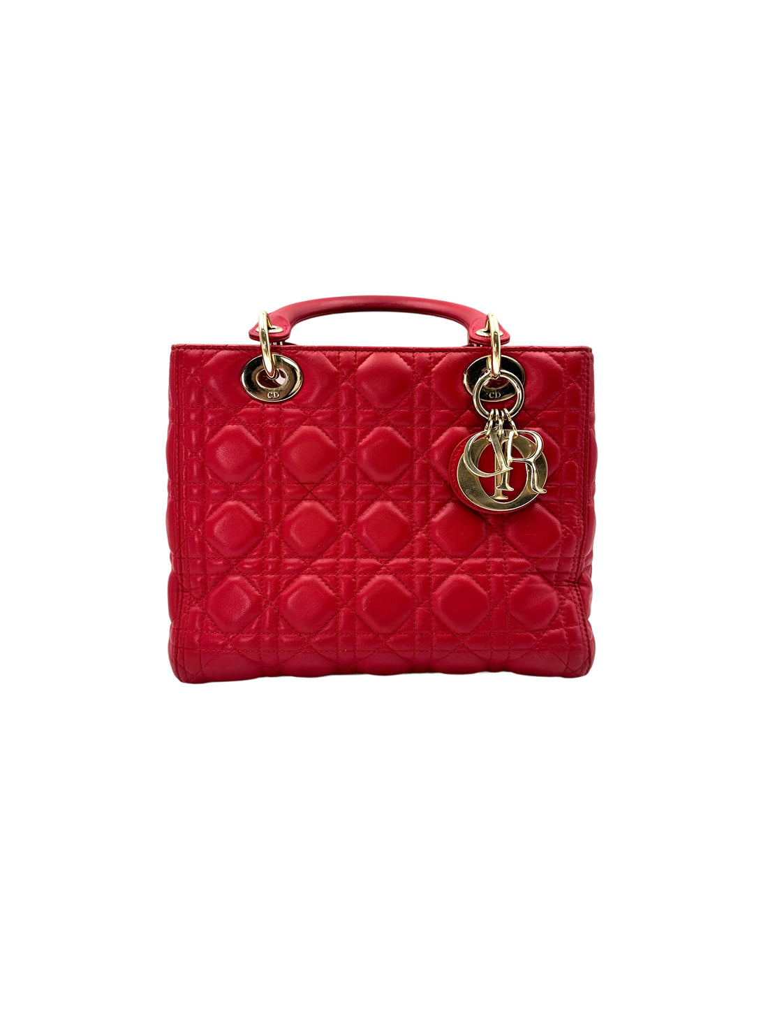 Christian Dior Lady Dior Red Cannage Leather Handle Bag With Gold Charms DR550