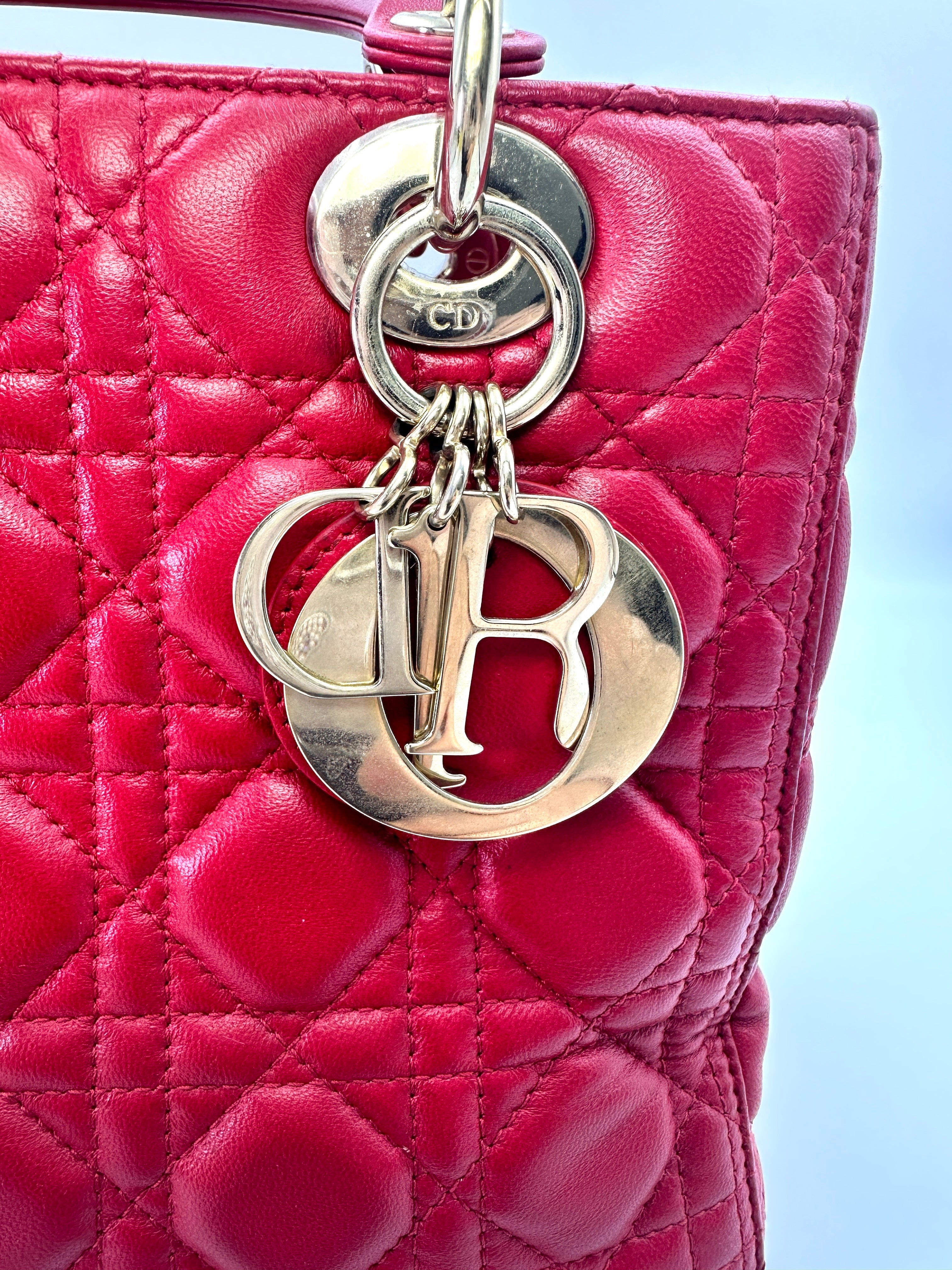 Christian Dior Lady Dior Red Cannage Leather Handle Bag With Gold Charms DR550