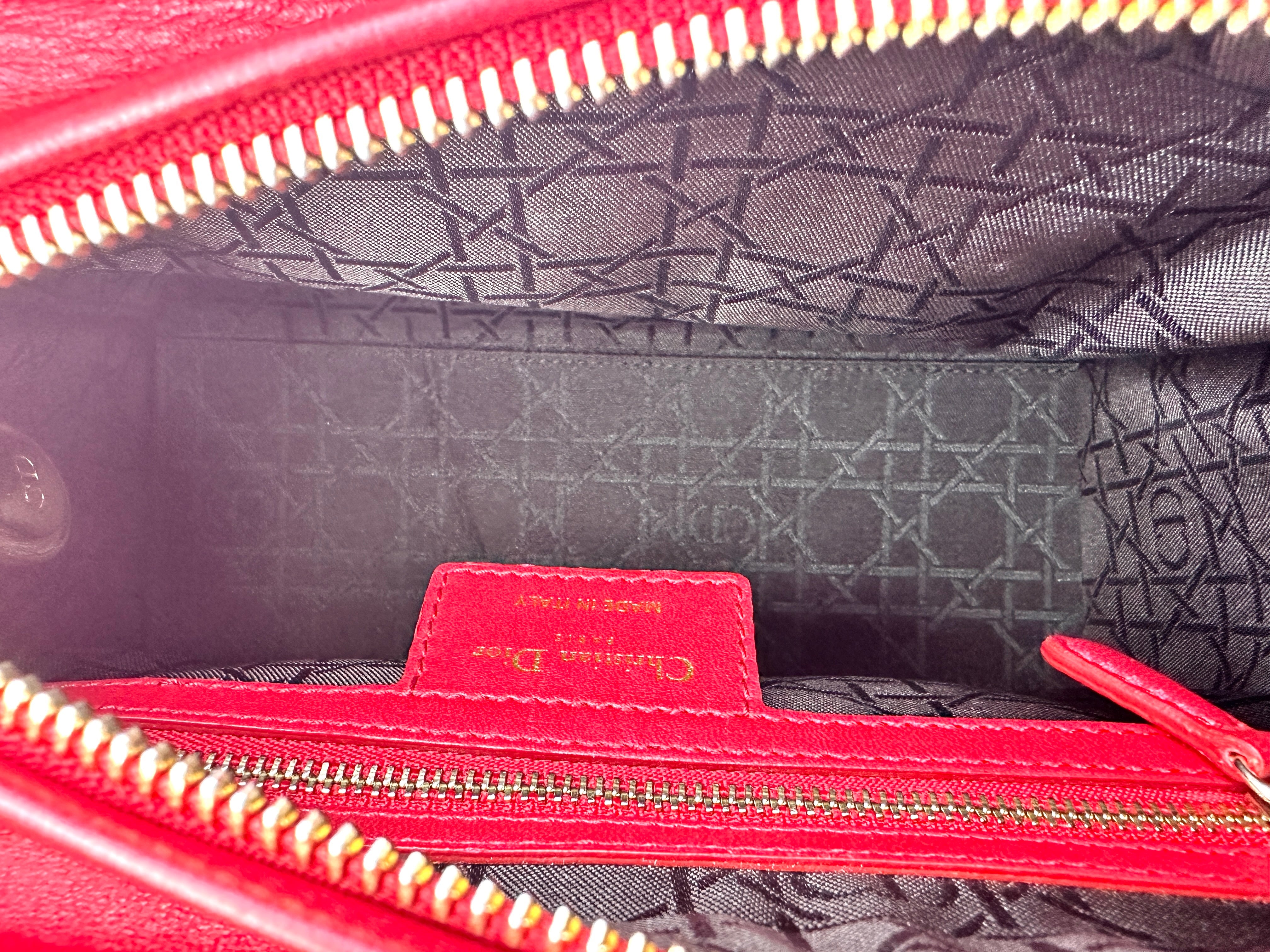 Christian Dior Lady Dior Red Cannage Leather Handle Bag With Gold Charms DR550