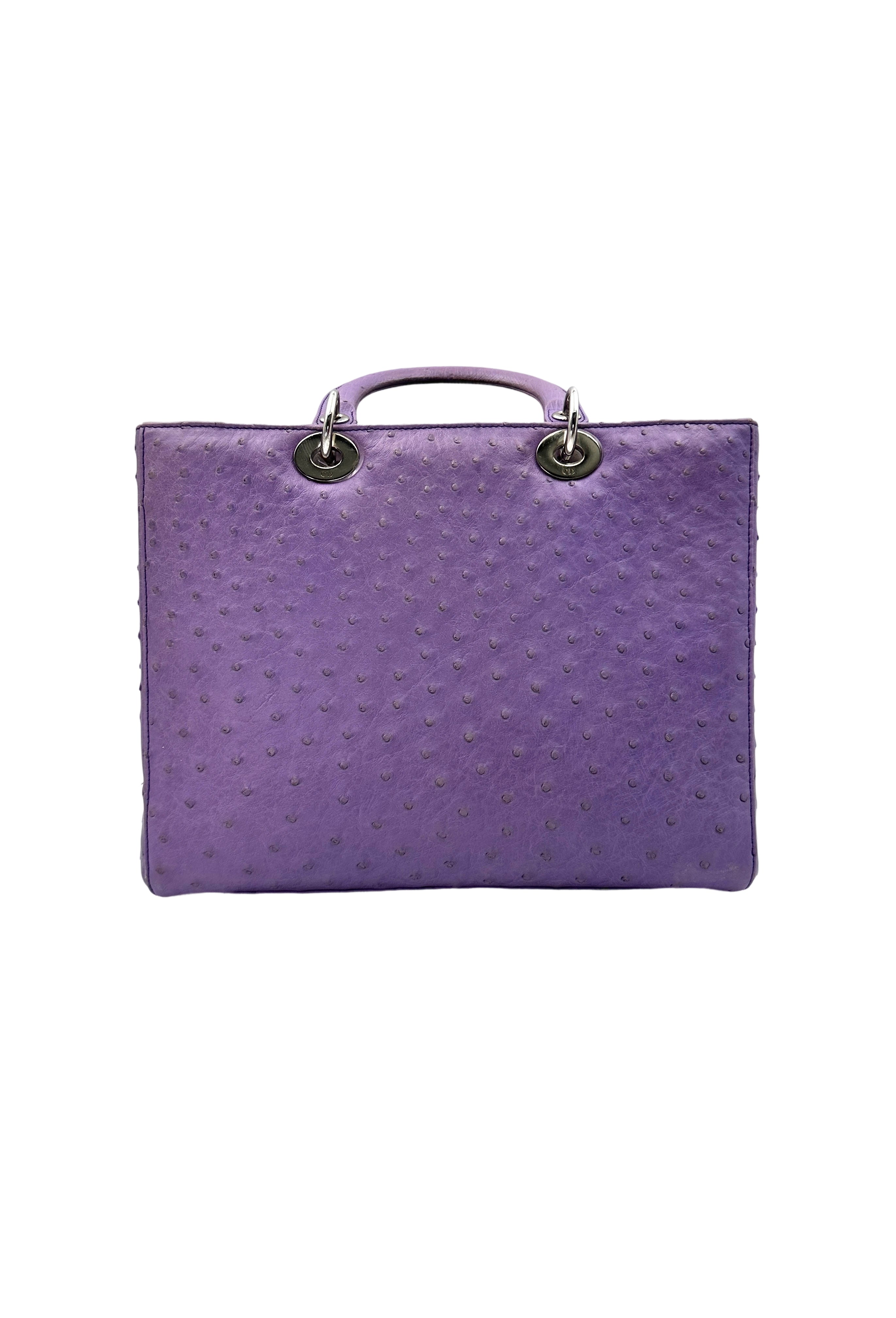 Christian Dior Lady Dior Purple Ostrich Leather Handle Bag With Silver Charms DR551
