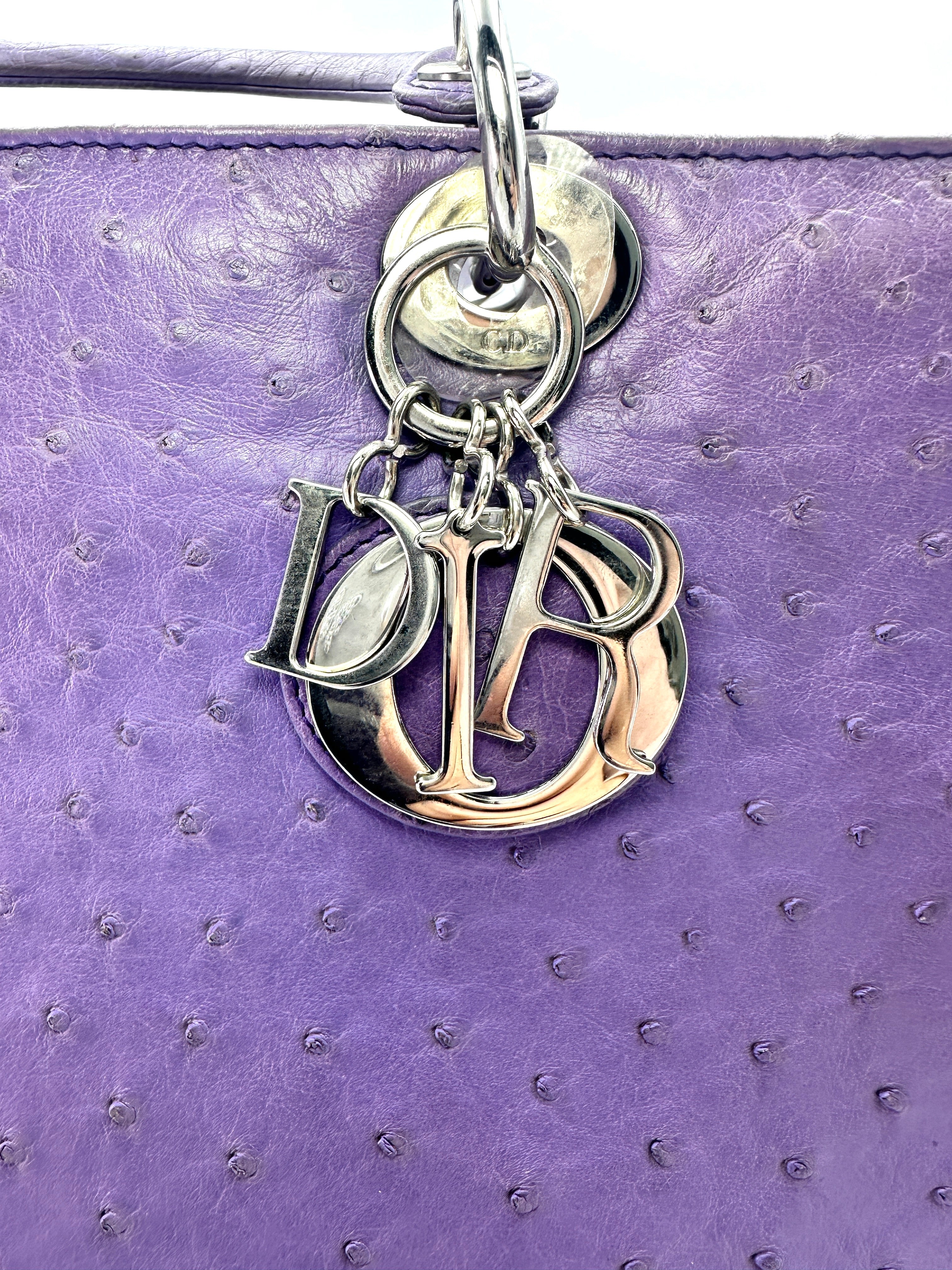 Christian Dior Lady Dior Purple Ostrich Leather Handle Bag With Silver Charms DR551