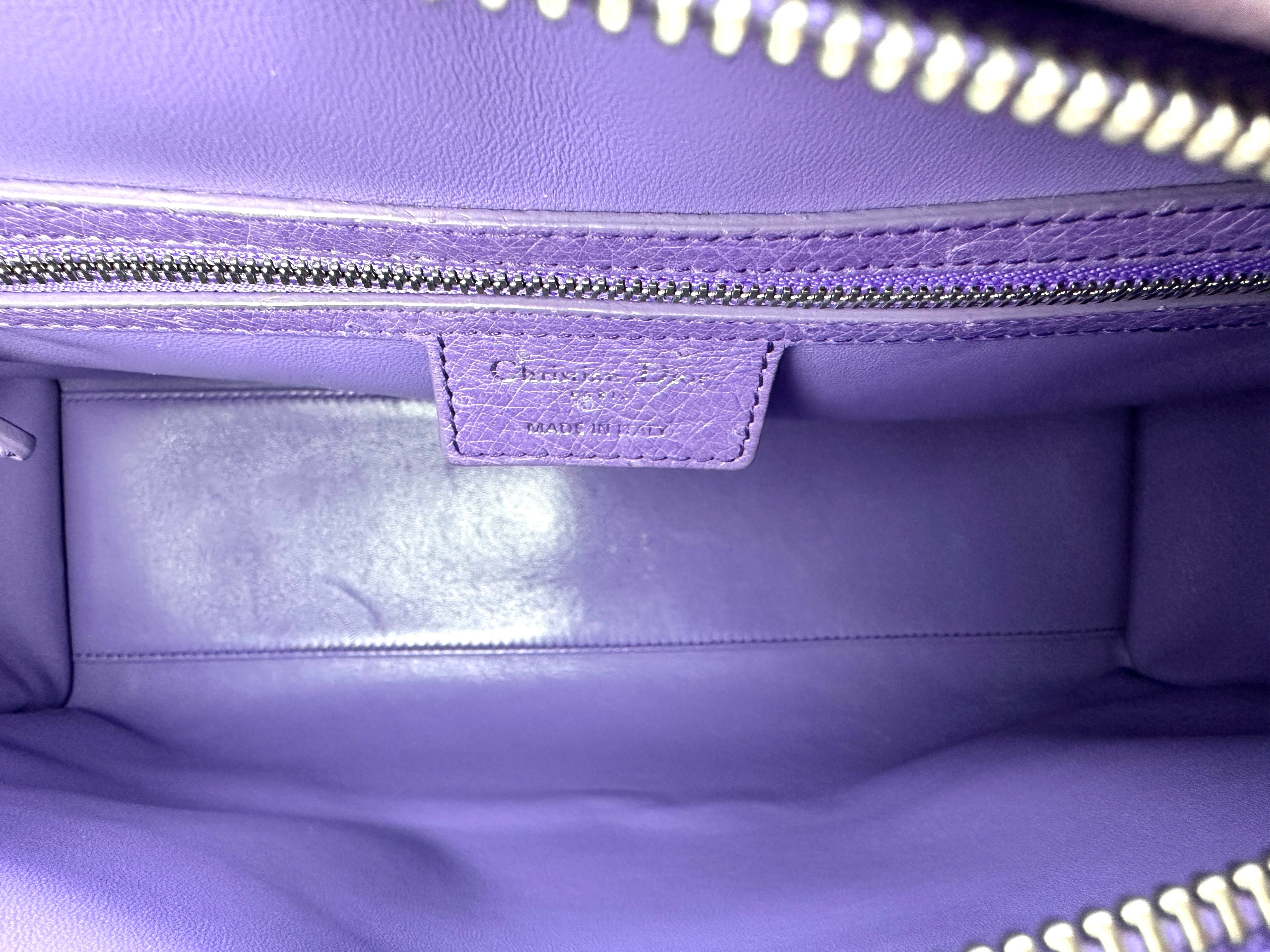 Christian Dior Lady Dior Purple Ostrich Leather Handle Bag With Silver Charms DR551