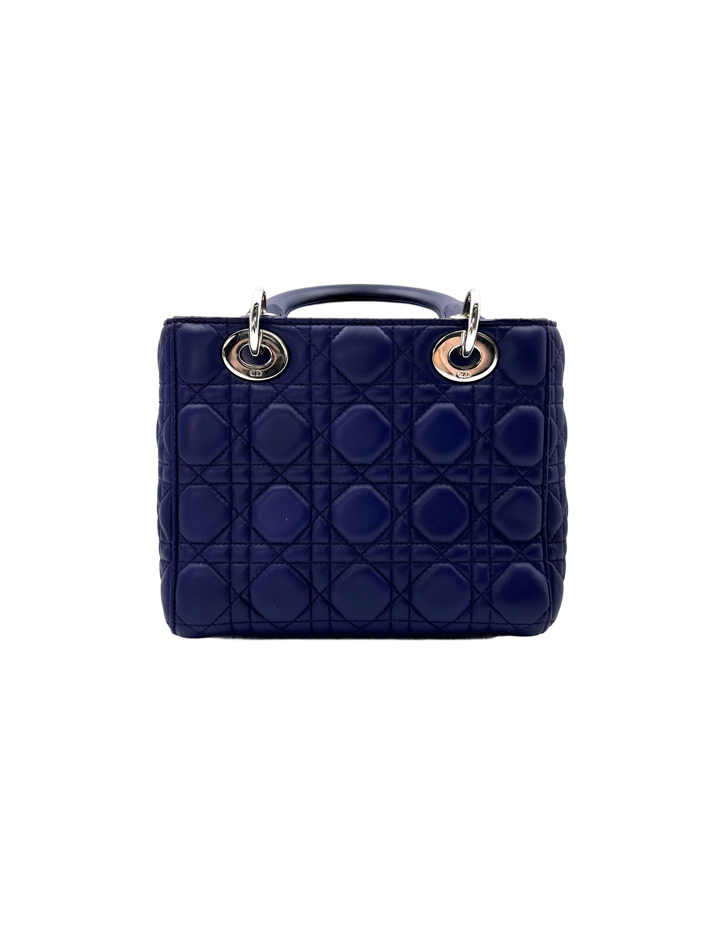 Christian Dior Lady Dior Blue Cannage Lambskin Handle Bag With Silver Charms DR552