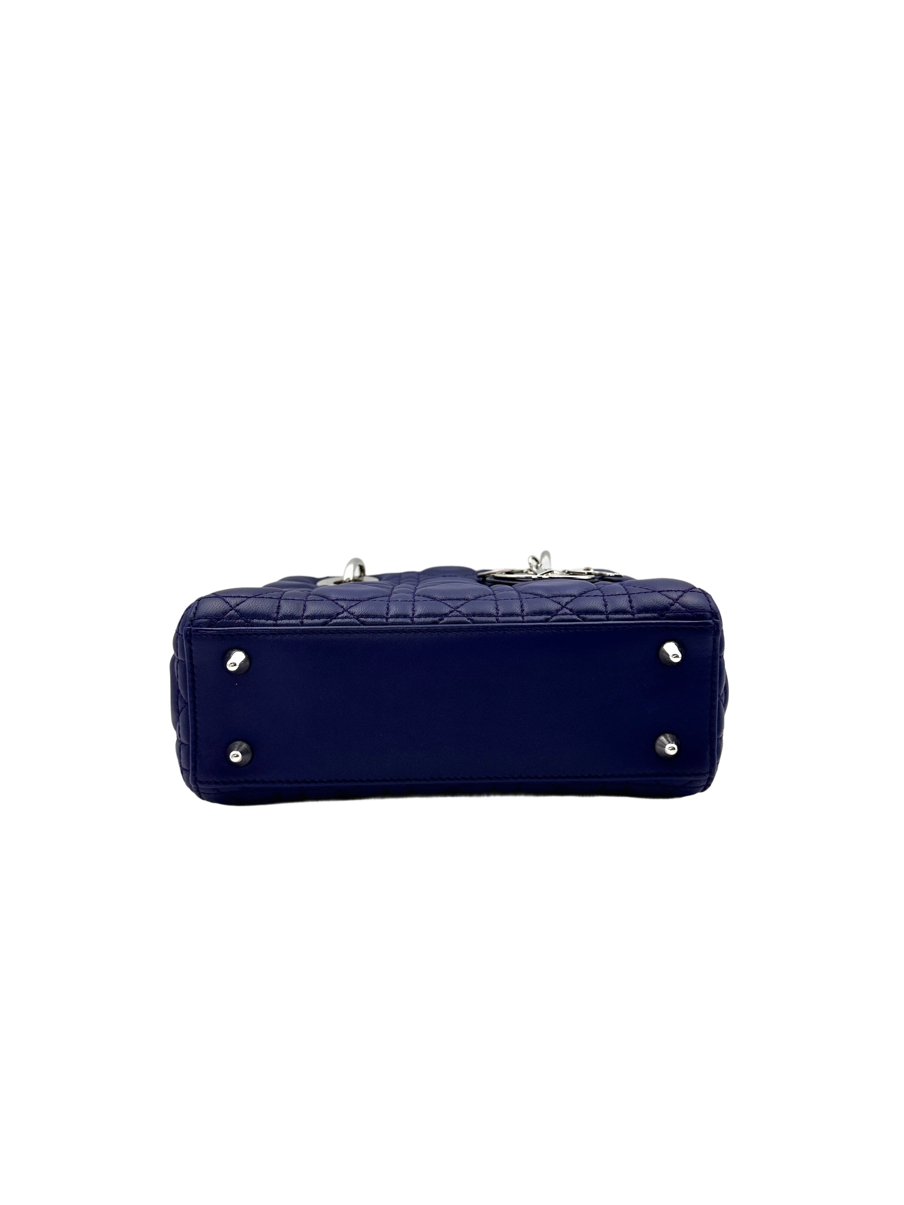 Christian Dior Lady Dior Blue Cannage Lambskin Handle Bag With Silver Charms DR552