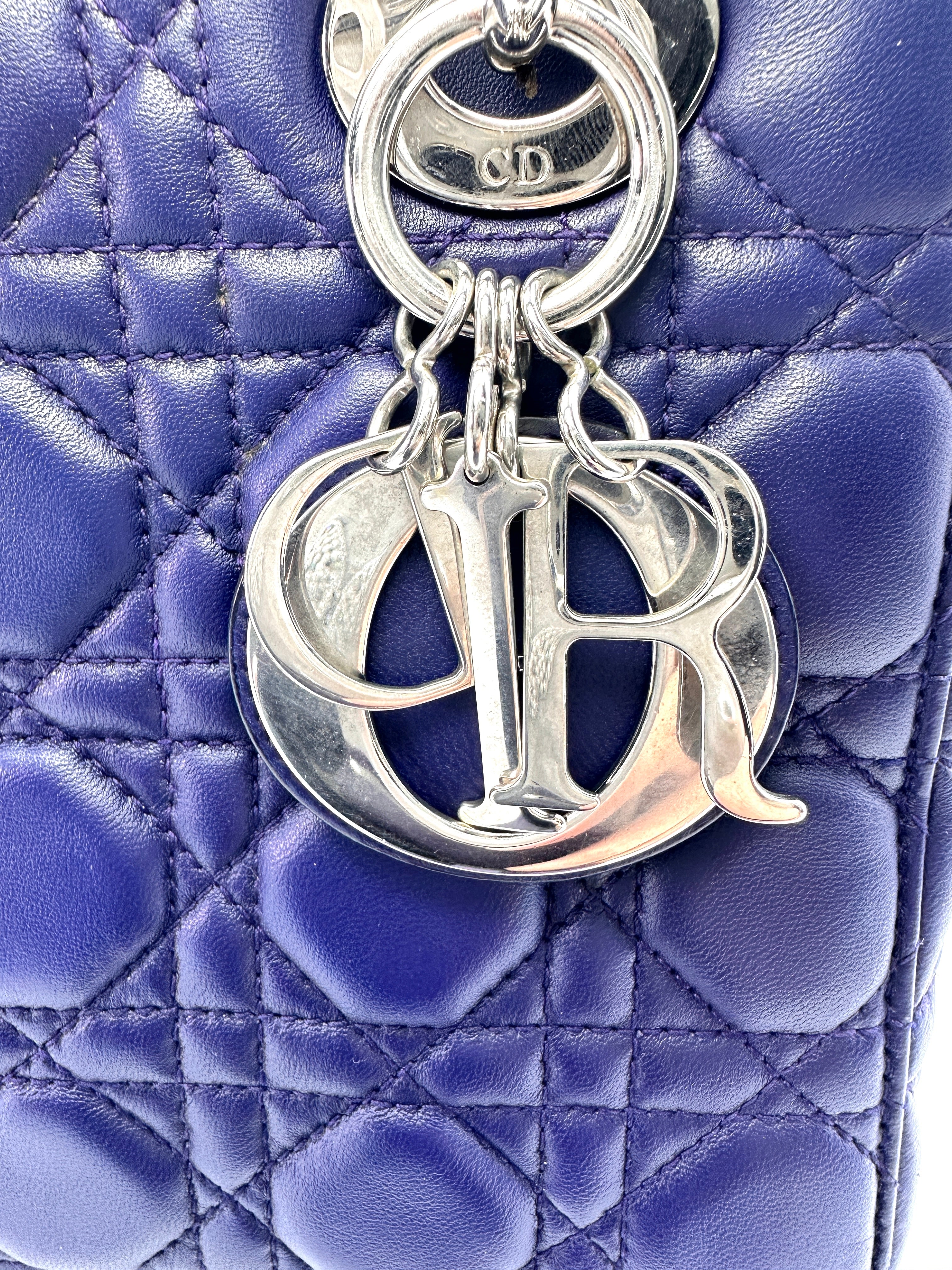 Christian Dior Lady Dior Blue Cannage Lambskin Handle Bag With Silver Charms DR552