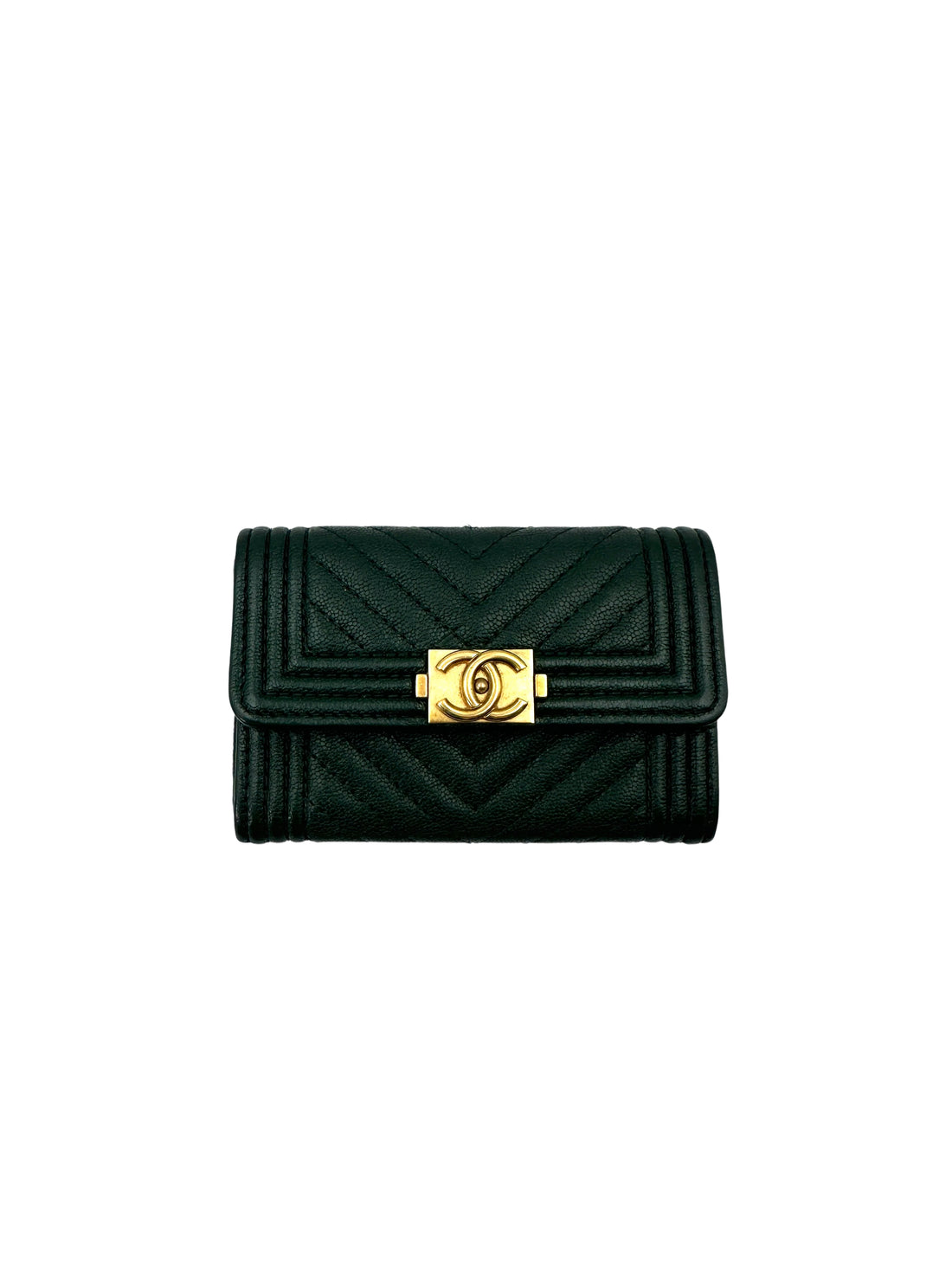 Chanel LeBoy Green Chevron Quilted Leather Flap Wallet With Gold Buckle(26***26) CC1509