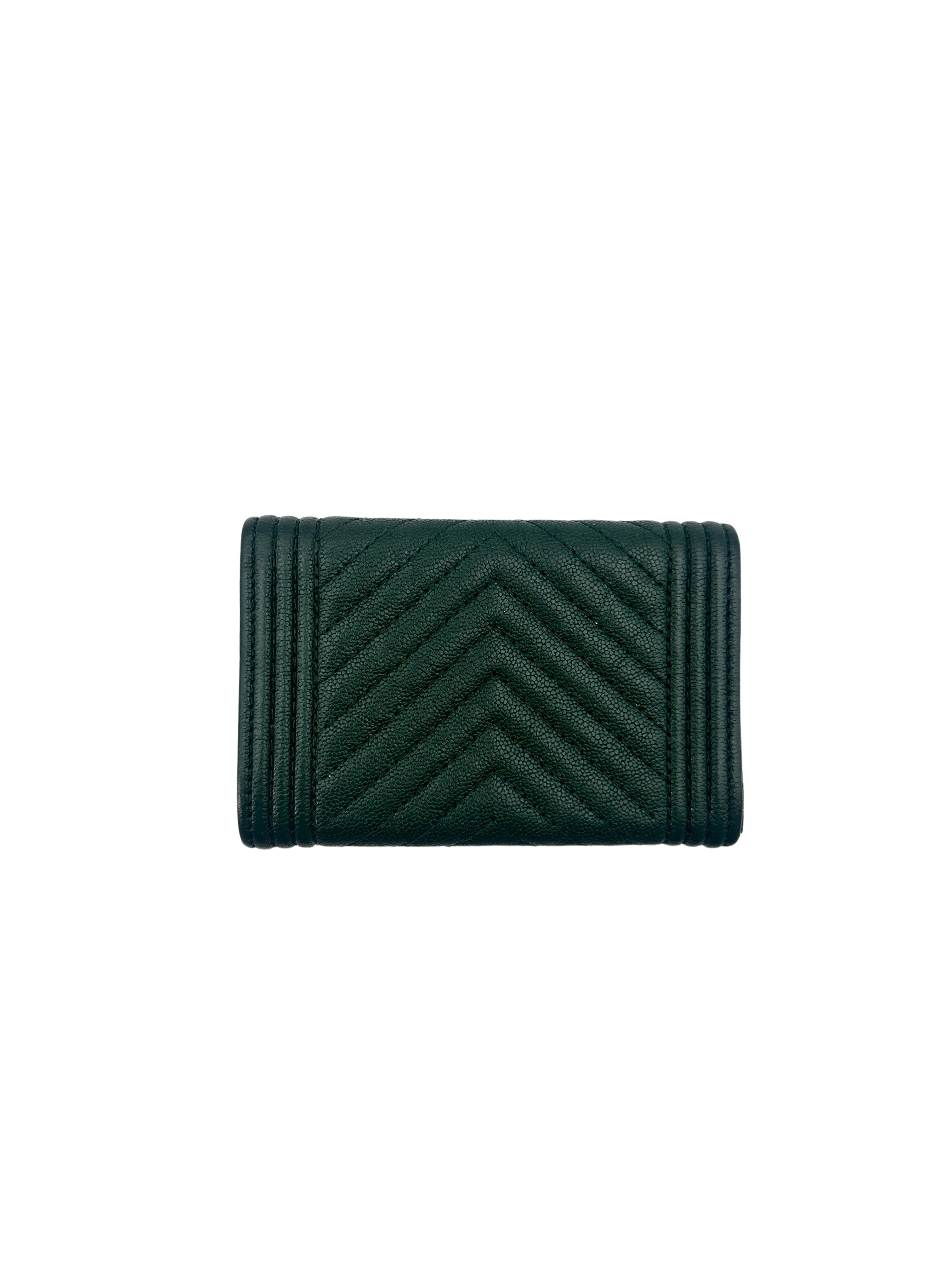 Chanel LeBoy Green Chevron Quilted Leather Flap Wallet With Gold Buckle(26***26) CC1509