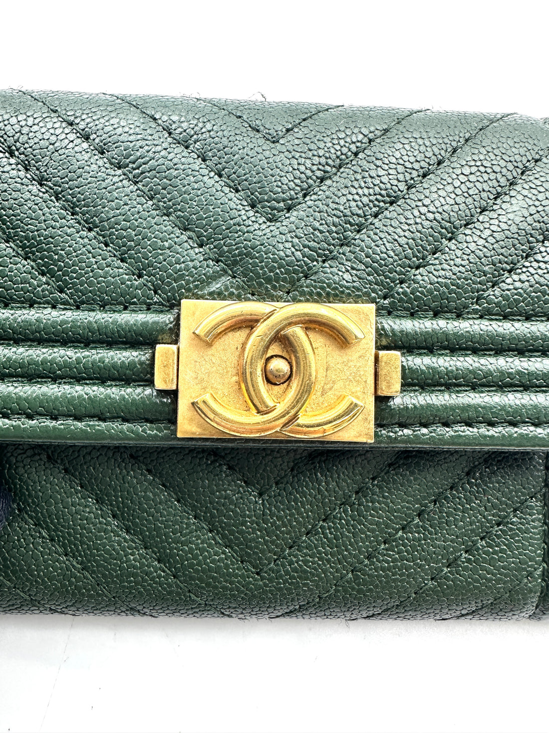 Chanel LeBoy Green Chevron Quilted Leather Flap Wallet With Gold Buckle(26***26) CC1509
