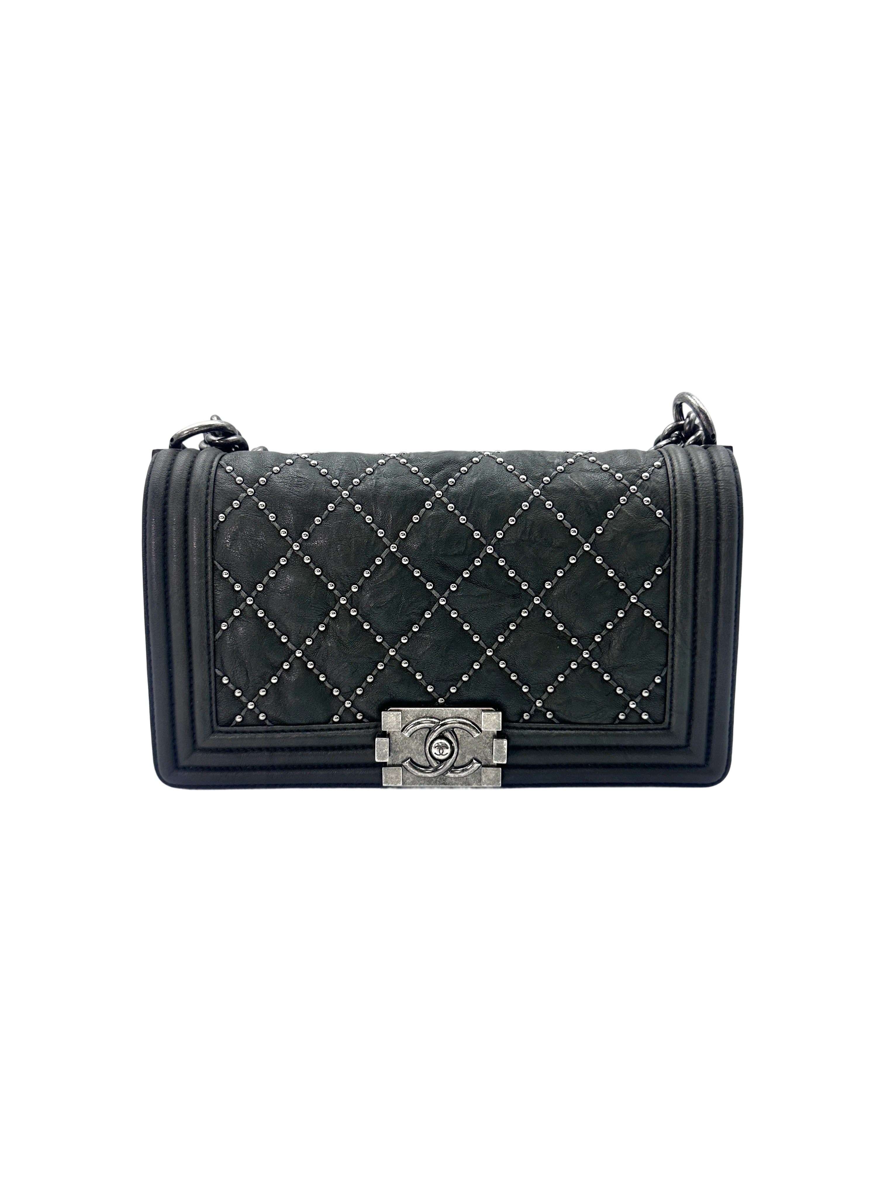 Chanel LeBoy Gray Quilted Studded Leather Flap Bag With Silver Buckle(21***88) CC1516